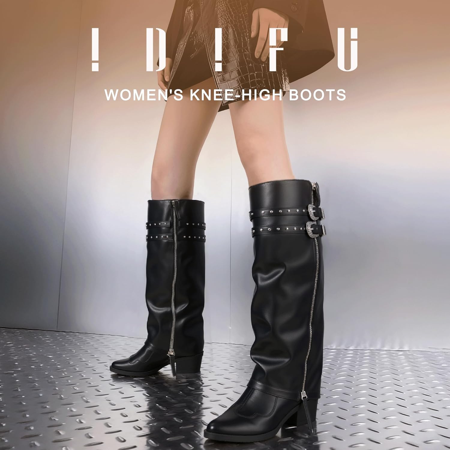 IDIFU IN2 Women Fold Over Cowboy Boots Slouchy Cowgirl Knee High Boots Pointed Toe Low Short Block Chunky Heel Boot Long Tall Studded Zipper Buckles Comfort Trendy Dressy Shark Boot