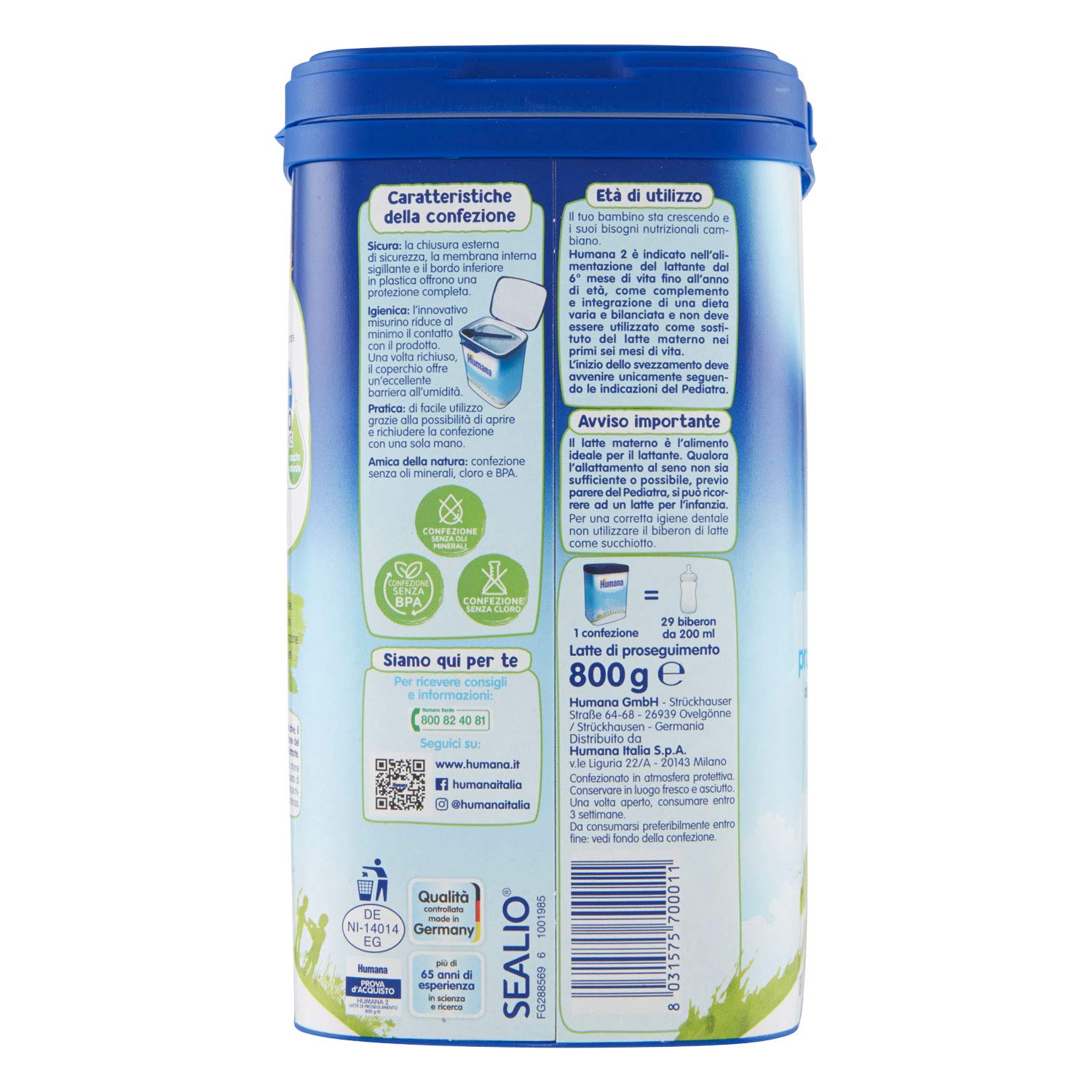 Humana Latte Integratore Alimentare Di Proseguimento In Polvere, 6 Mesi, No 2, Pro Balance Color Standard 800 Gr