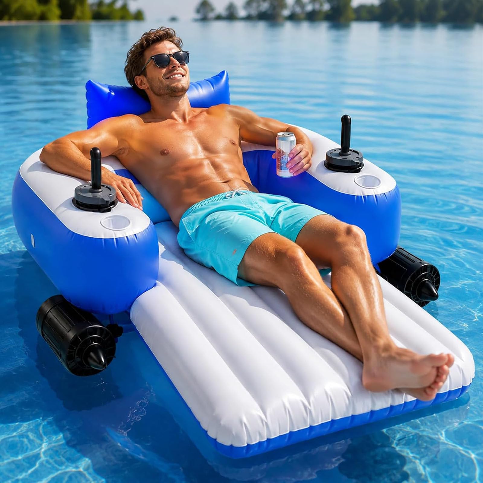 Flotador Motorizado para Piscina para Adultos,Tumbona Hinchable Recargable A | Control Joystick 360°,Batería de 2600 mAh,Portavasos para Swimming Pool,River,Lake,Beach