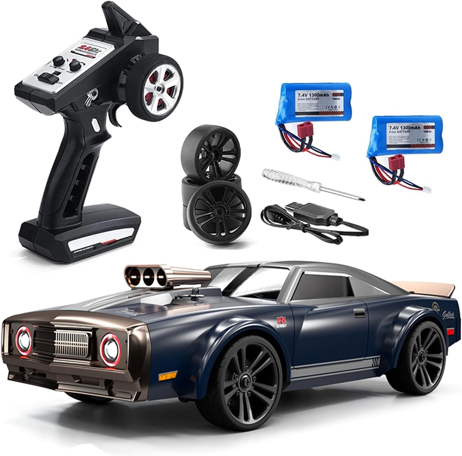 GoolRC RC Drift Car, 1:16 Scale Remote Control, 4WD 35KM/H High Speed Racing, 2.4GHz Drifting for Adults with Cool LED Lights, Extra Drift Tires and 2 Batteries (Blue)