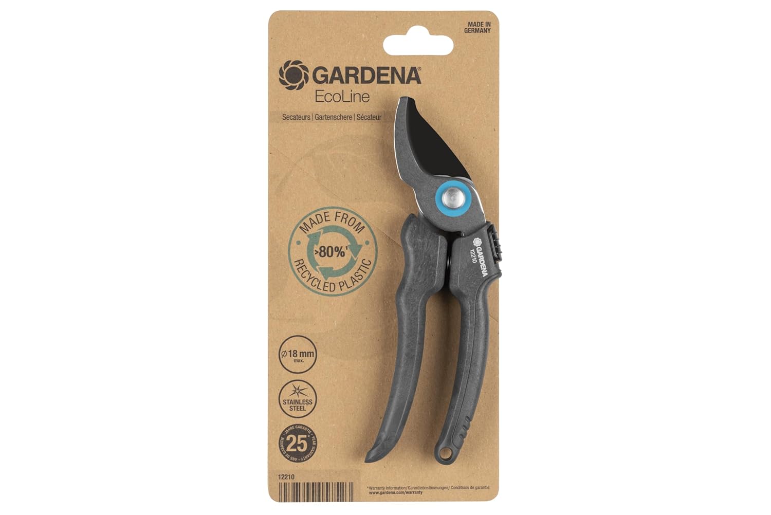 GARDENA Secateurs EcoLine: Durable Bypass Blade, 18 mm Cutting Diameter, Ergonomic Handle, Recycled Materials, Black, Turquoise