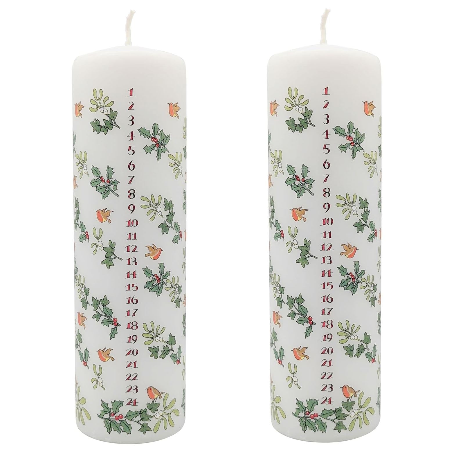 Pack of 2 Holly and The Ivy Advent Pillar Candles | Traditional Christmas Advent Calendar Candles with Numbers - 20cm