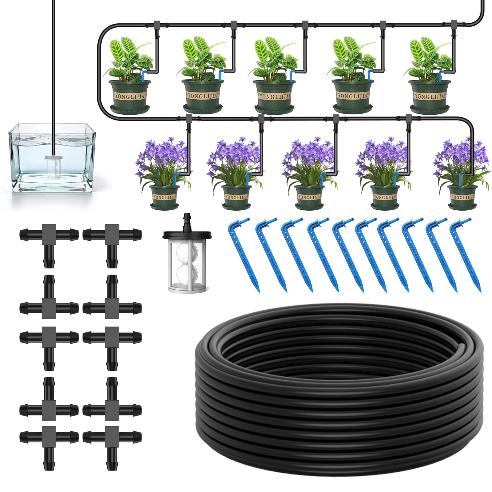 Automatic Drip Irrigation Kit System, 33 FT Tubing, Filter,10 tee Fittings and 10 Drippers, Easy DIY Drip Irrigation Parts Supported Pots Plants