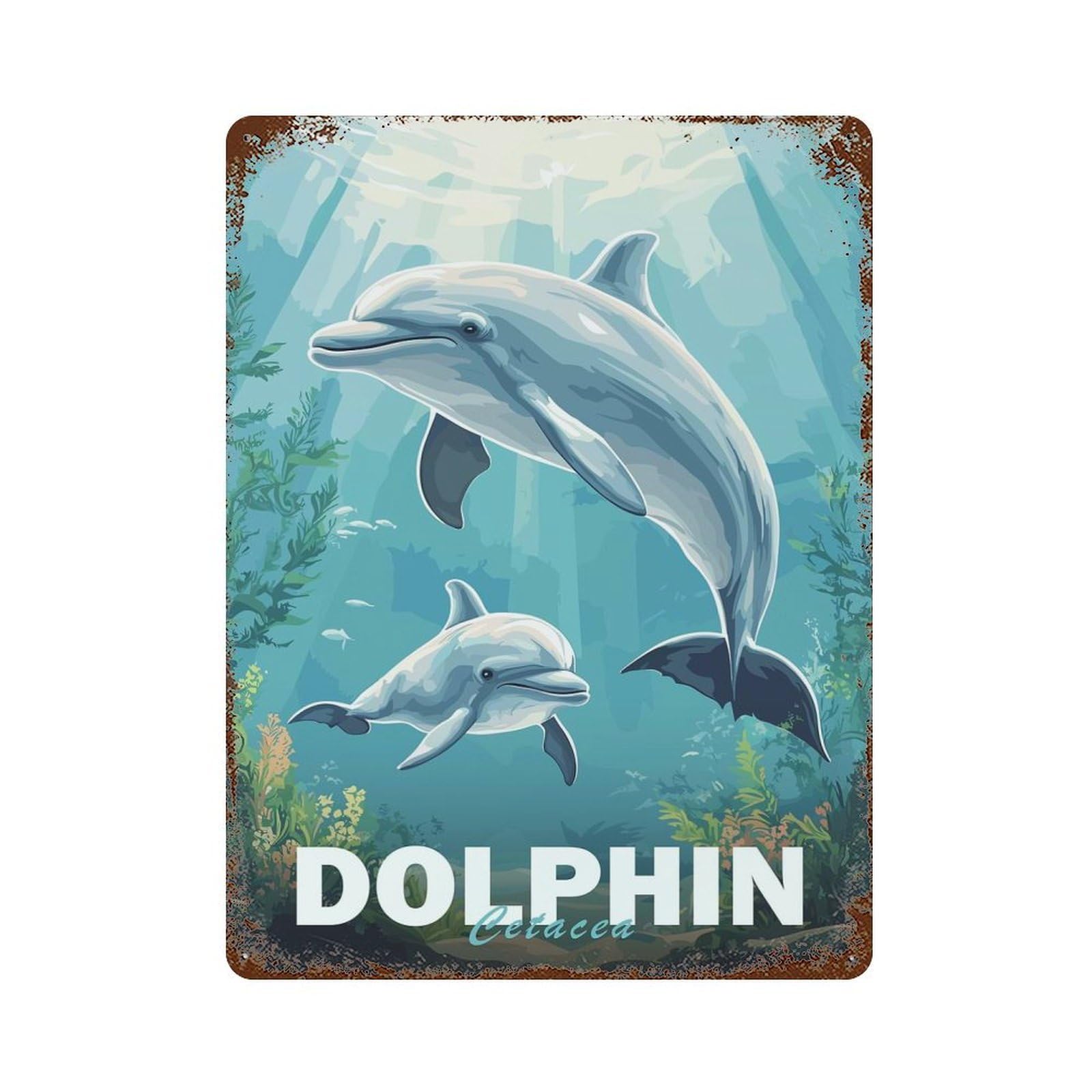 Dolphin Family Underwater Retro Metal Sign 15.7"x11.8", Shabby Chic Decor for Bistro, Counter And Cafe Decor