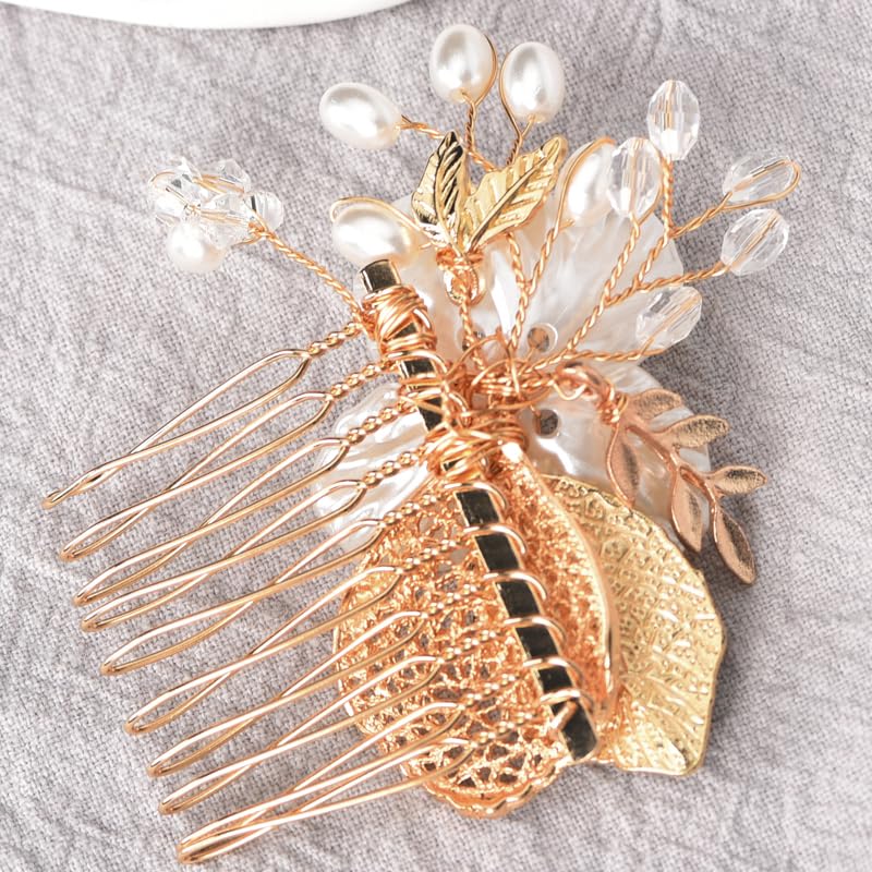 Flower Hair Comb Slides for Women Wedding Hair Clips for Bride Hair Accessories for Bridesmaid Hair Flowers for Girls Gold Leaf Hair Pins for Thick Hair Slides for Weddings Pearl Bridal Hair Pieces - Image 3