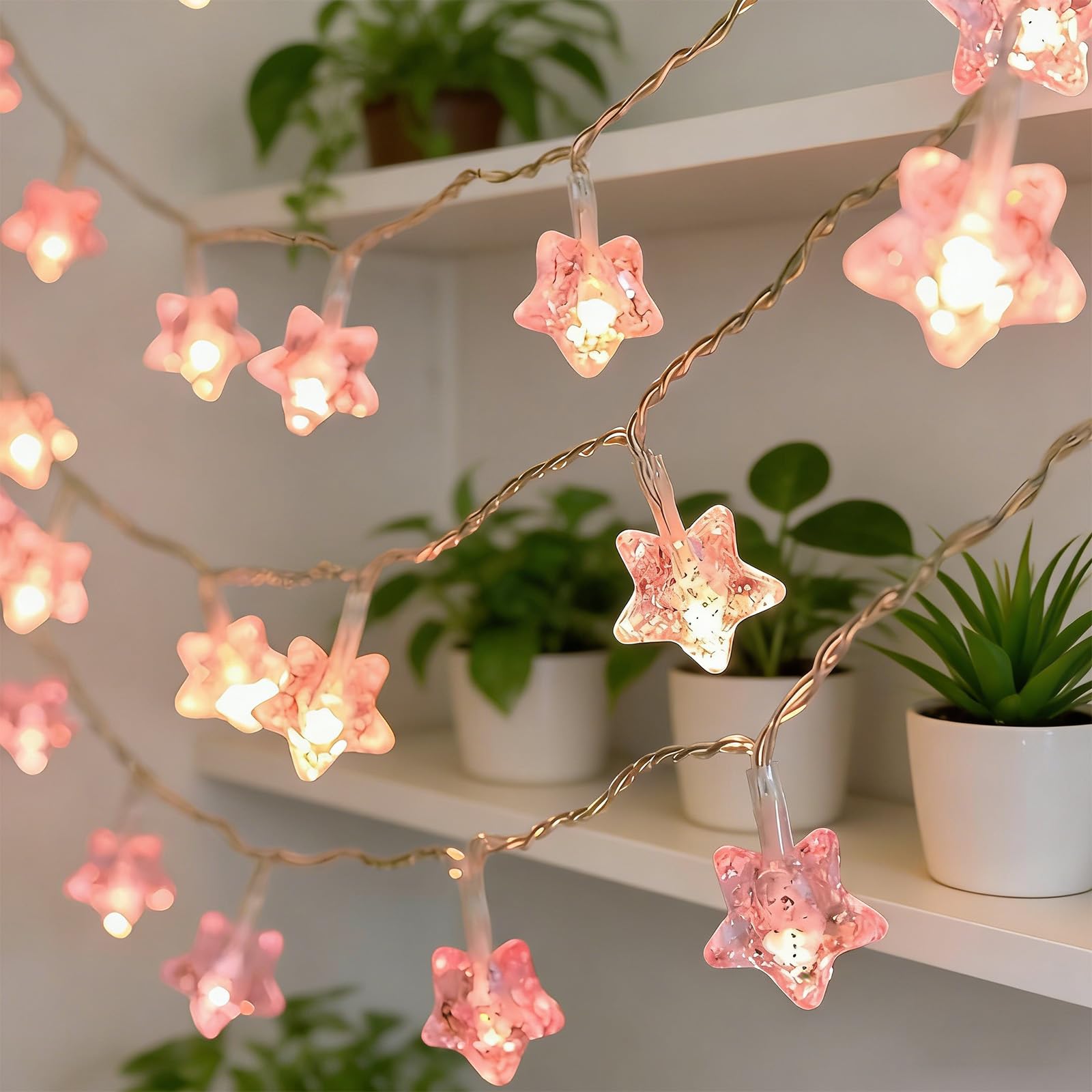 Cretvestsar 6 M 40 LED Star String Lights, Battery Operated Pink Fairy Lights with 2 Modes, Twinkling and Steady On, Warm White Copper Wire Decorative Lights for Bedroom, Wedding, Party, Garden