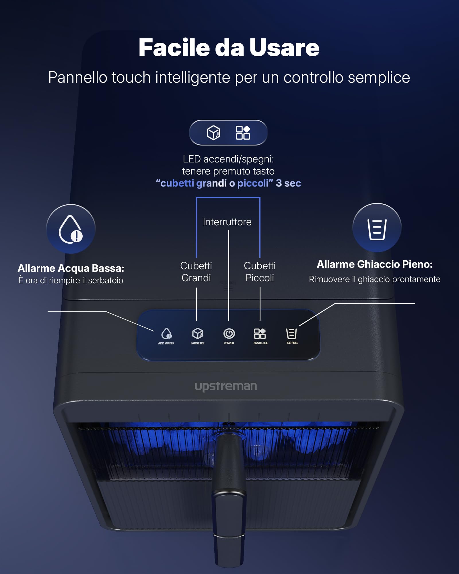 Upstreman Macchina per Ghiaccio con LED, Schermo Tattile Digitale, Serbatoio & Cestello Rimovibili, 9 Cubetti in 6-8 Min, 2 Dimensioni, Autopulente, Macchina Ghiaccio, Grigio, BI10