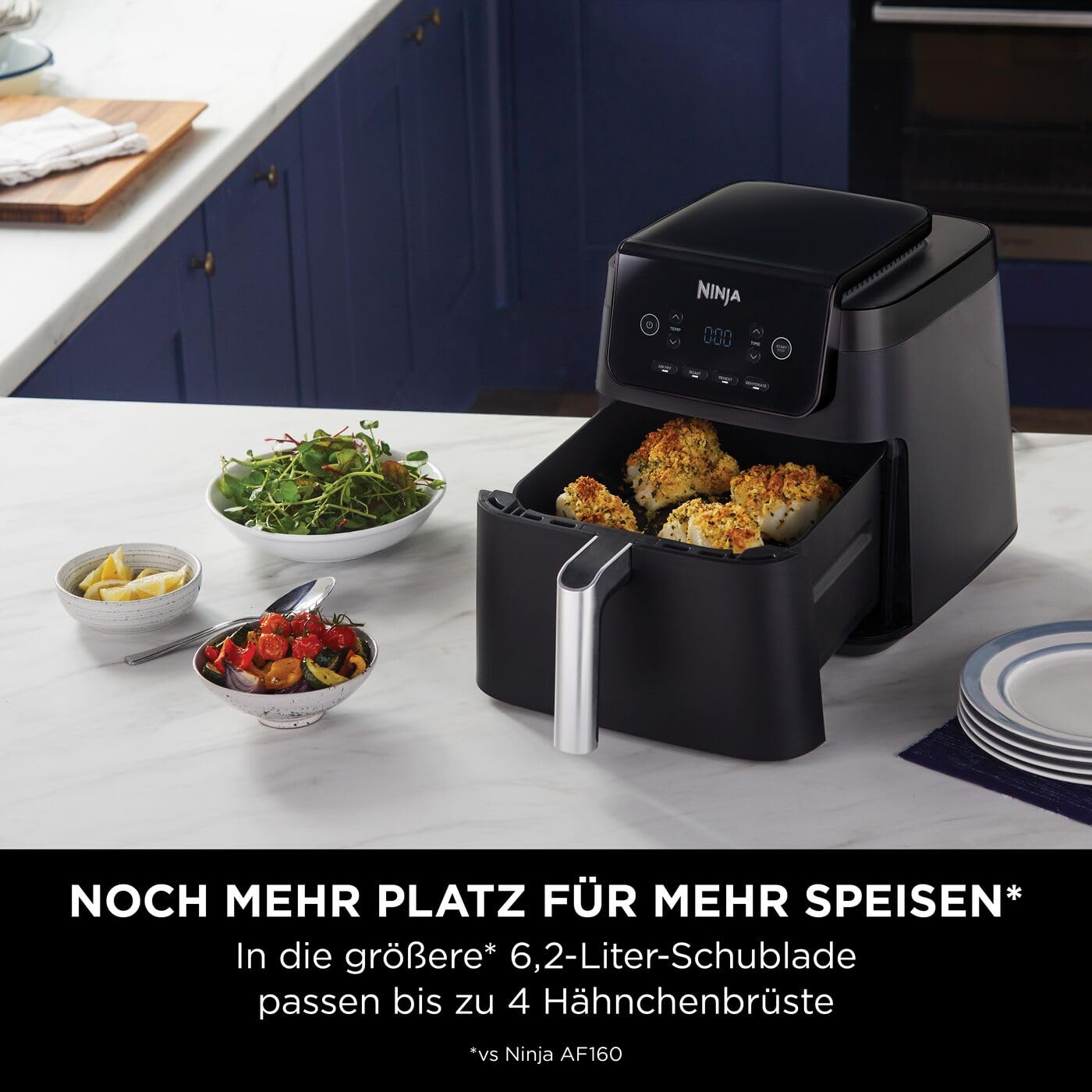 Ninja Heißluftfritteuse, 6,2 l, ohne Öl, große quadratische Schublade, Braten, Heißluftfrittieren, Dörren, Aufwärmen, digital, Antihaftbeschichtet, Spülmaschinengeeigneter Korb, Schwarz, AF170EU