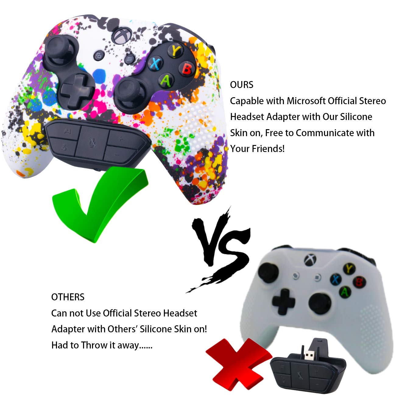 9CDeer Studded Protective Customize Transfer Printing Silicone Cover Skin Sleeve Case + 8 Thumb Grips Analog Caps for Xbox One/S/X Controller Splashing Graffiti Compatible with Official Stereo Headset