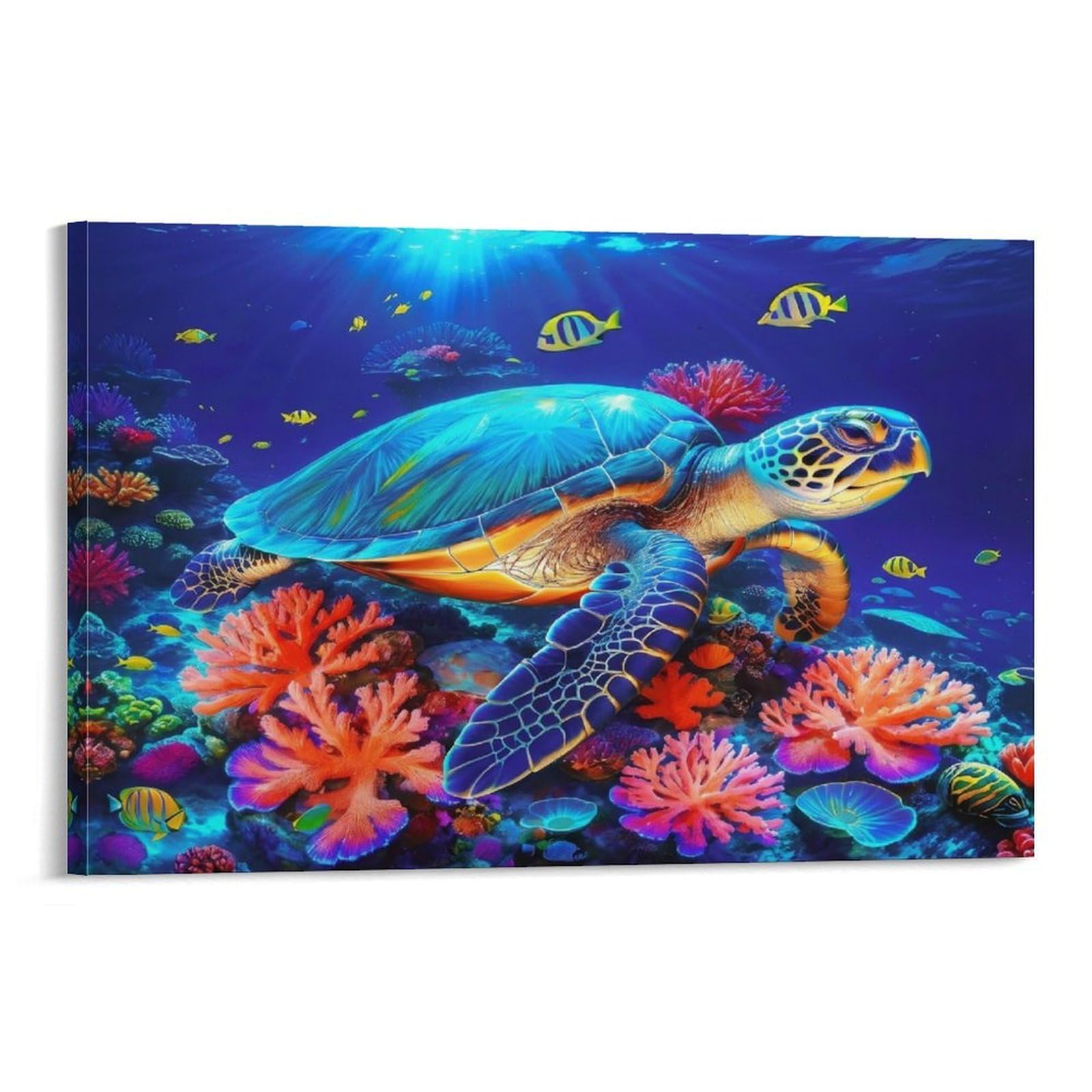 CPLVKWRQJ Sea Turtle Reef Scene Single Bright Sea Turtle Among Colorful Coral Fish Canvas Wall Art - Gift for Her/Him Living Room Focal Point Ready to Hang Decor 12x18inch(30x45cm)