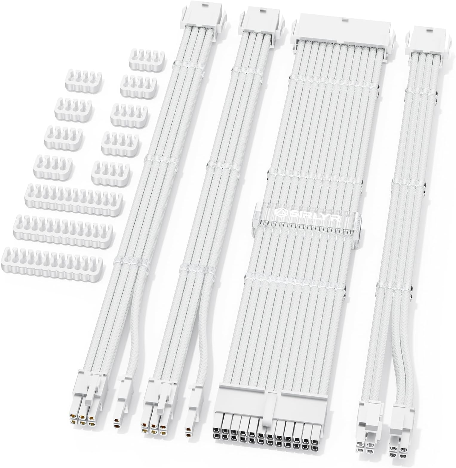 Sirlyr PSU Cable Extension Kit,Bright White Sleeved PC Cables Extensions Mod,24Pin ATX x1 8Pin EPS x1 8 Pin PCI-E x2,Gold-Plated Pins for GPU Power Supply with Pre-Install Cable Combs,4 Kits