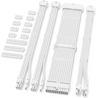 Sirlyr 16AWG White PSU Extension Cable Kit - High Quality Sheathed Cables with Gold Plated PCIe Connectors Including 24 Pin A