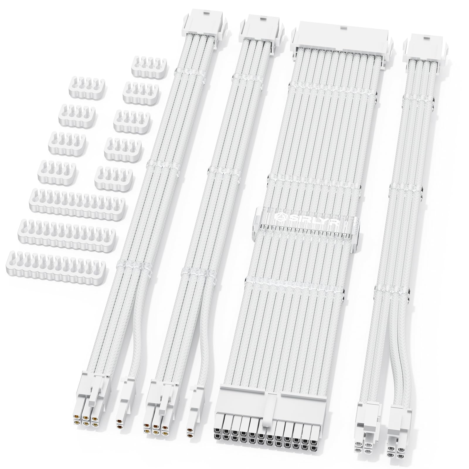 Sirlyr PSU Cable Extension Kit,Bright White Sleeved PC Cables Extensions Mod,24Pin ATX x1 8Pin EPS x1 8 Pin PCI-E x2,Gold-Plated Pins for GPU Power Supply with Pre-Install Cable Combs,4 Kits