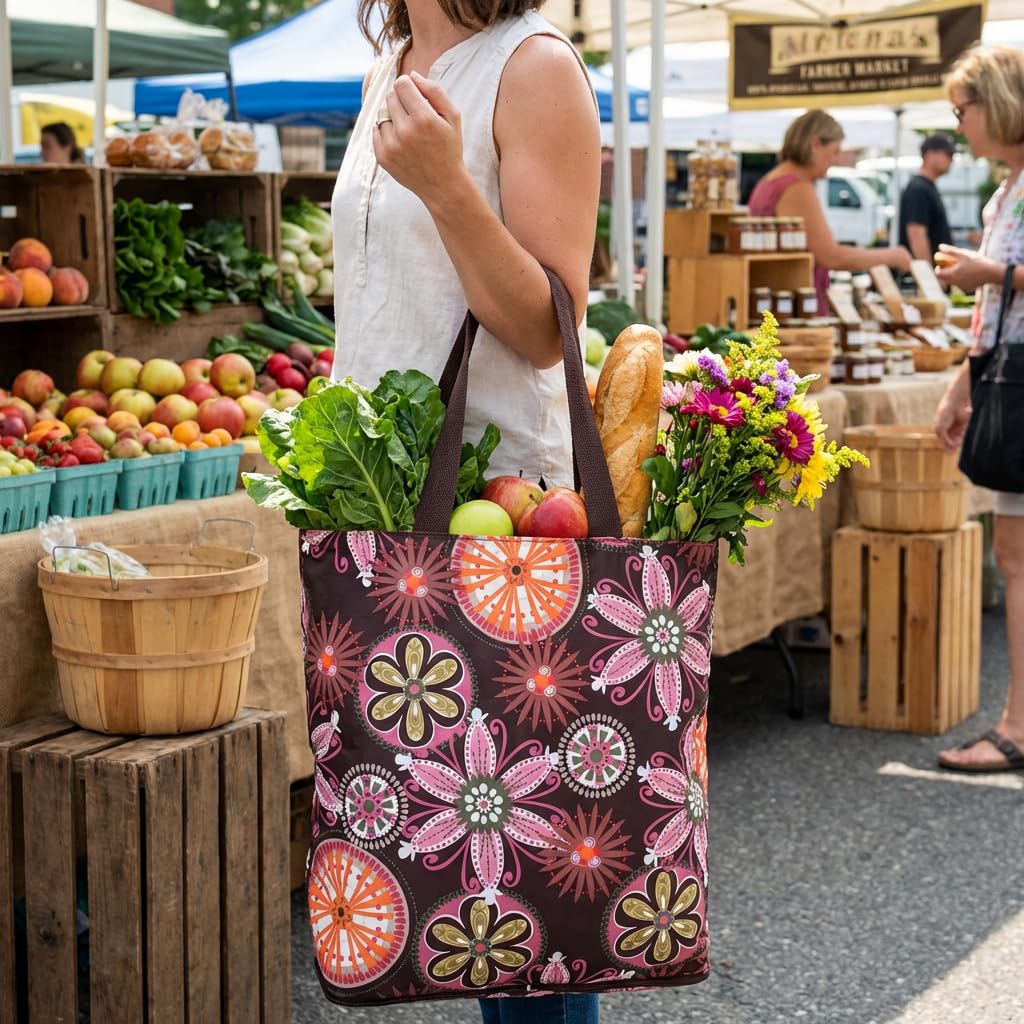 NC 4 Pack Foldable Kitchen Reusable Grocery Bags Floral Designs with Zipper Folding Shopping Tote Bags Lightweight Durable Large Bags 50LBS for Grocery
