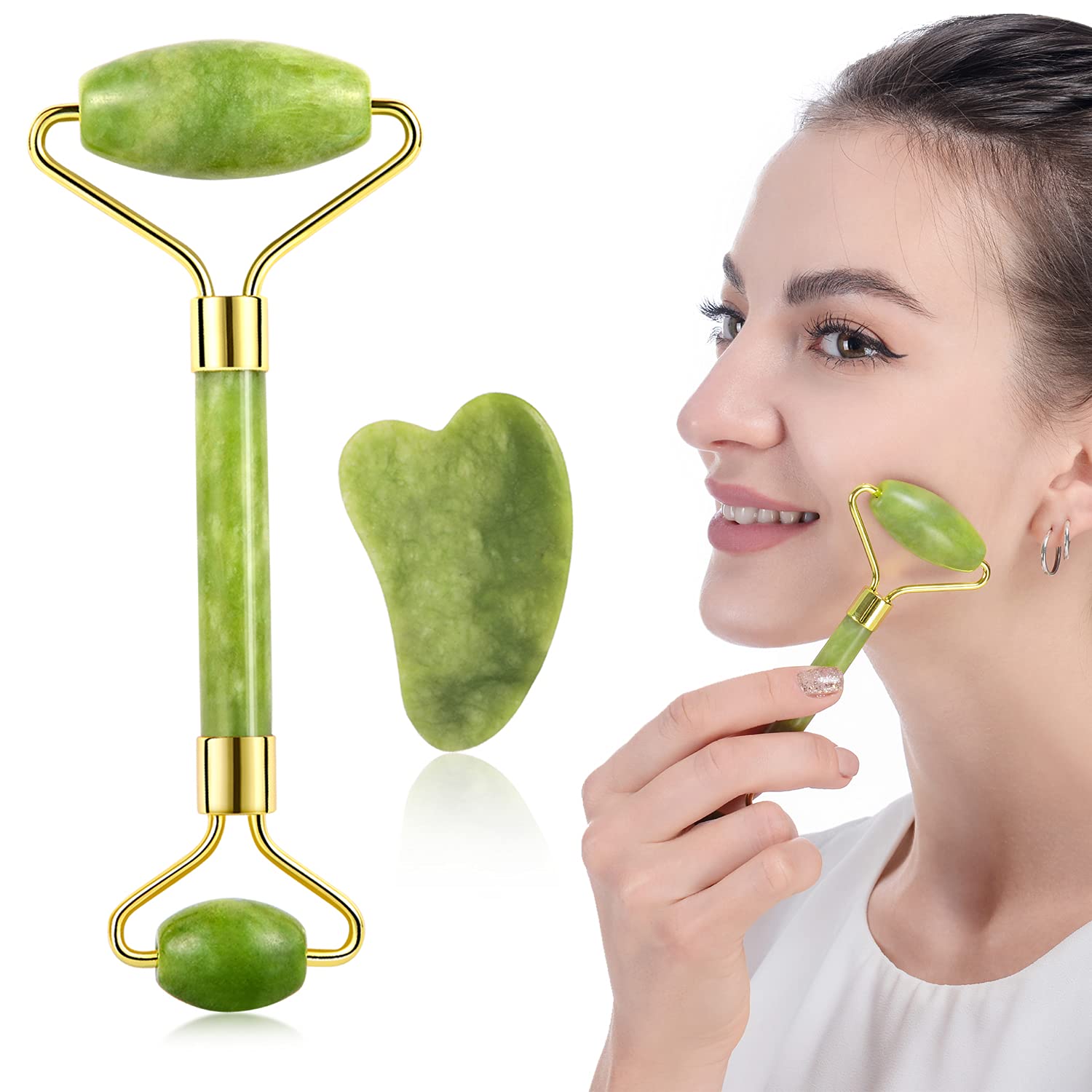 FAREECEEK Jade Roller and Gua Sha Set for Beautiful Skin Detox - Facial Body Eyes Neck Massager Tool Reduce Wrinkles Aging - Original Natural Jade Stone (B07RKVR7TL) Amazon Price History, Amazon Price Tracker