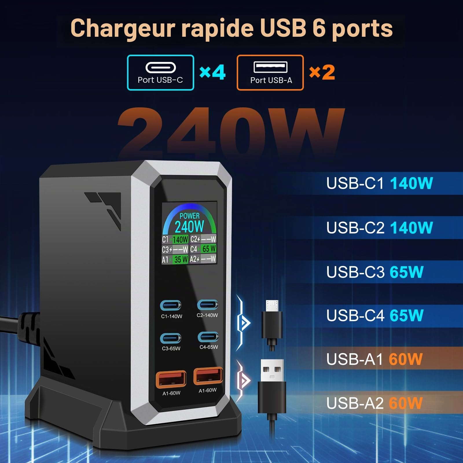 Chargeur USB C 240W Multiport, Station de Charge Rapide à 6 Ports avec 4 USB C + 2 USB A pour MacBook Pro/Air, iPad/iPhone 15 Pro/Samsung, etc