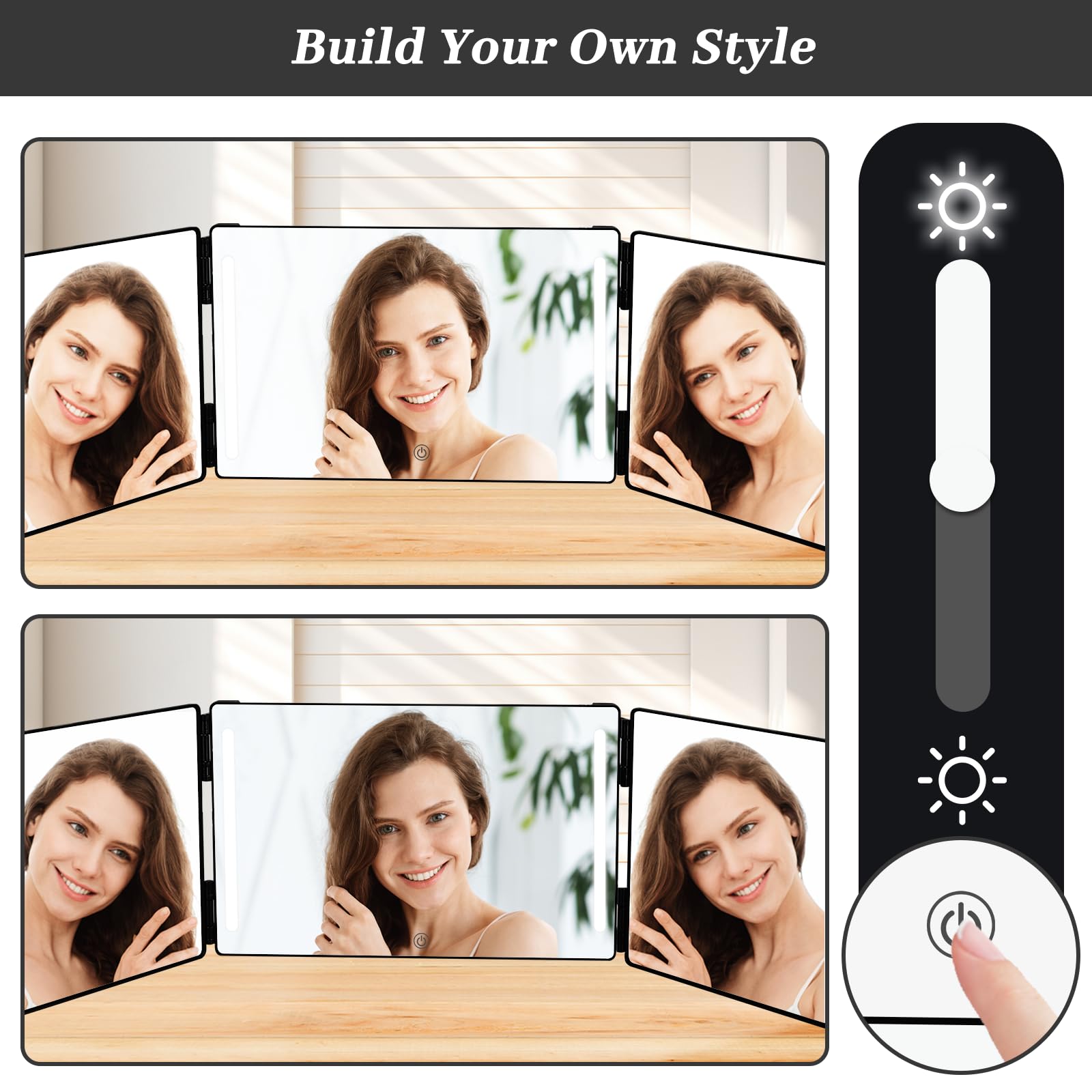 UCAMP Espejo de 360 Grados,Espejo de Tres Vías con LED y Ganchos Ajustables en Altura,Espejo de Afeitar,Espejo Tríptico para Cortes de Cabello,Afeitado,Maquillaje y Peinados,Incluye Lupa 10X