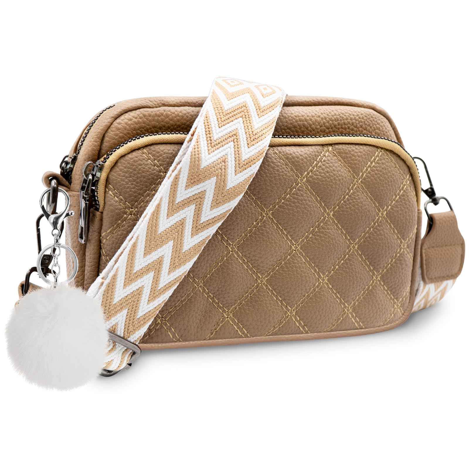 Quilted Purses for Women Crossbody Purse Small Crossbody Bag Leather Shoulder Handbags Wide Guitar Strap Purse