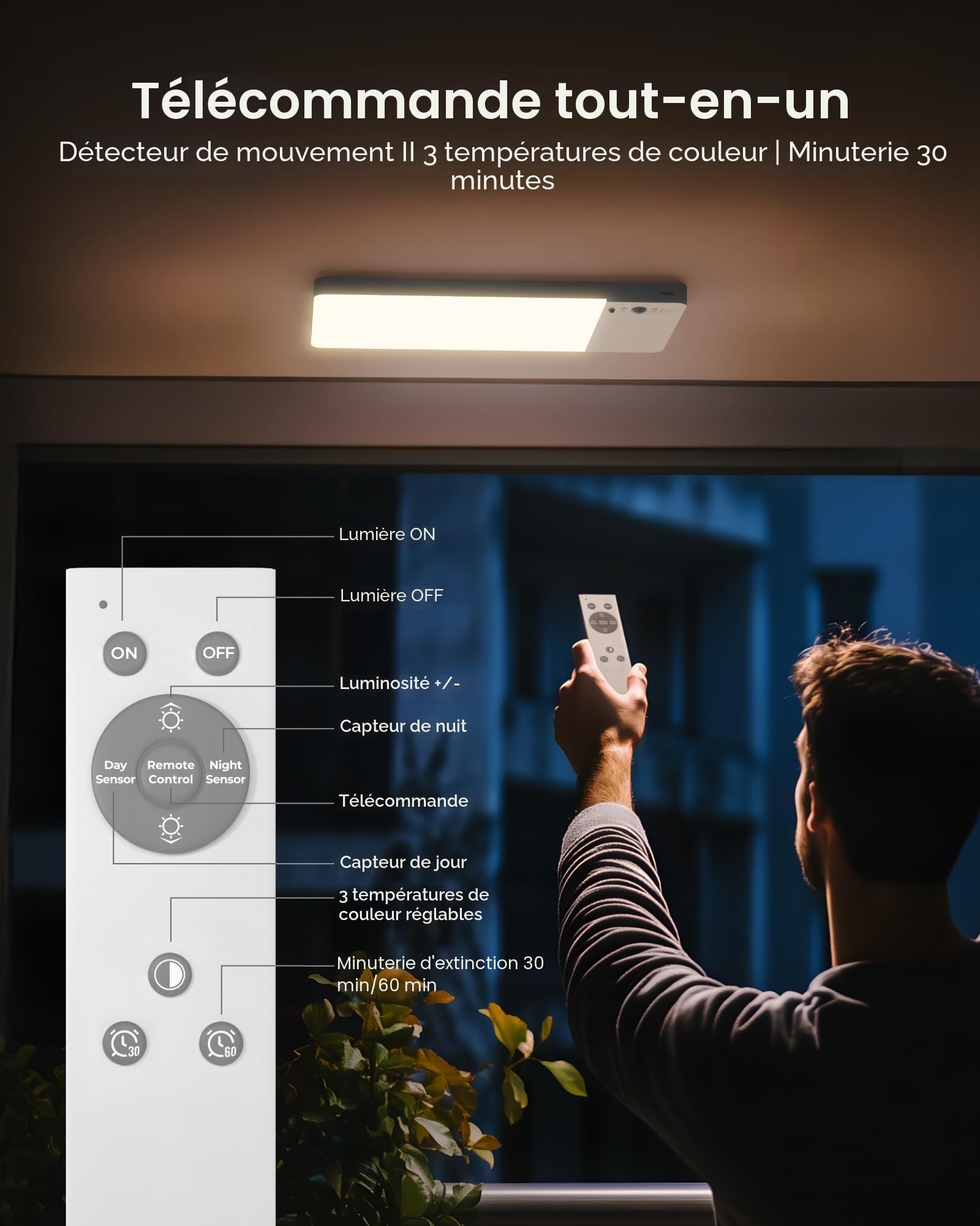 FULEN Plafonnier Rechargeable avec Détecteur de Mouvement, Lampe LED Plafond Interieur Sans Fil pour Salle de Bain, Cave ou Garage, Batterie 12,000 mAh,Télécommande Incluse‌