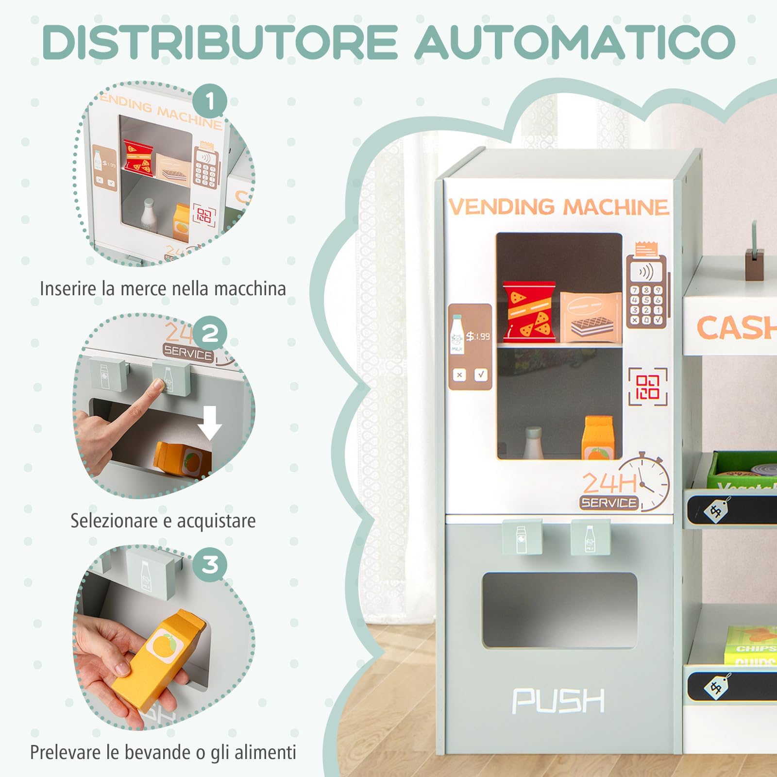 GYMAX Set di Giocattoli per il Supermercato in Legno, Supermercato per Bambini con Bancone Cassa, Distributore Automatico, Macchina da Caffè, Forno e Accessori Alimentari, per Bambini 3+ Anni