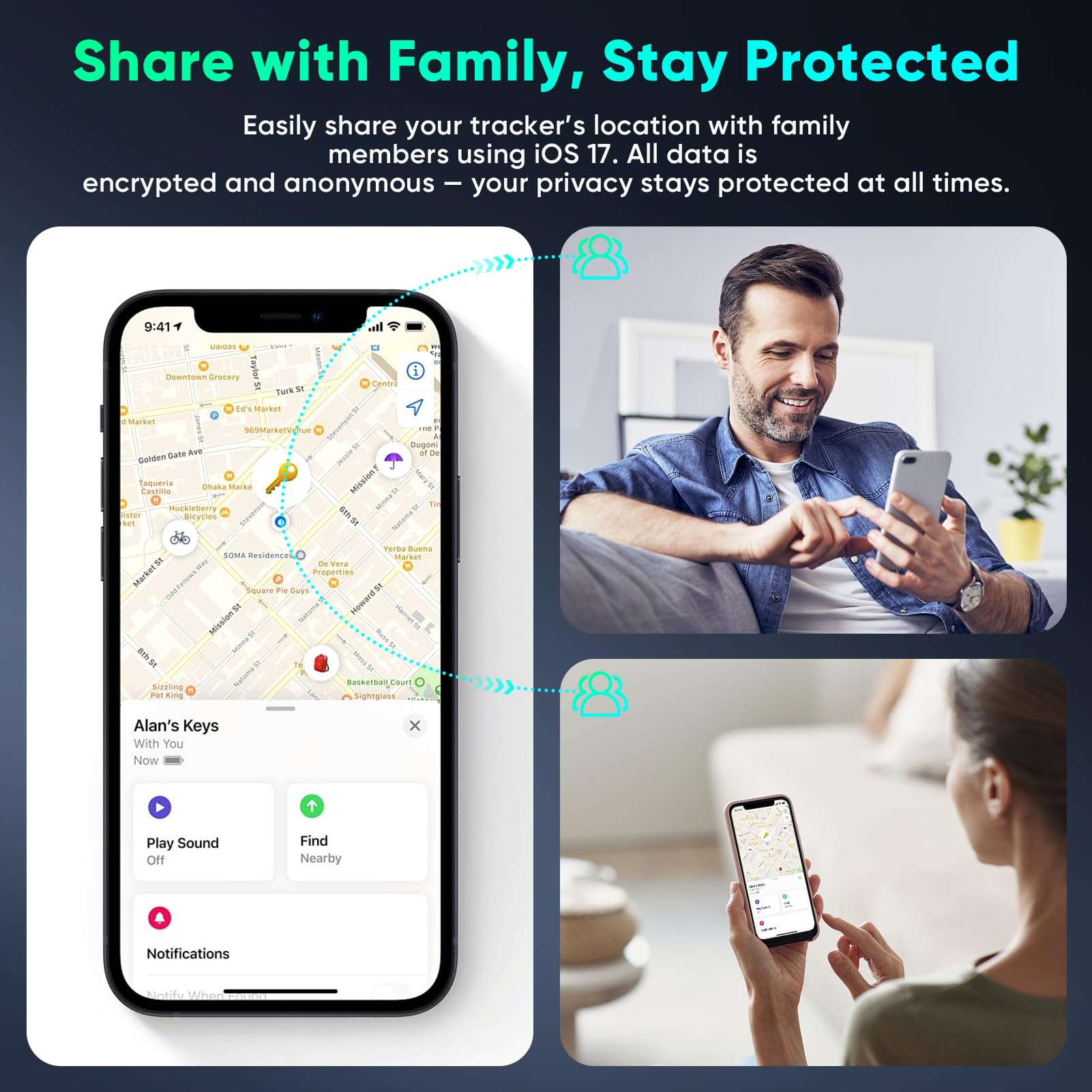 Lot de 4 étiquettes de suivi compatibles avec Apple Find My (iOS uniquement) Bluetooth, localisateur de clés intelligentes et localisateur d'articles avec crochets pour portefeuille, bagages, sac à