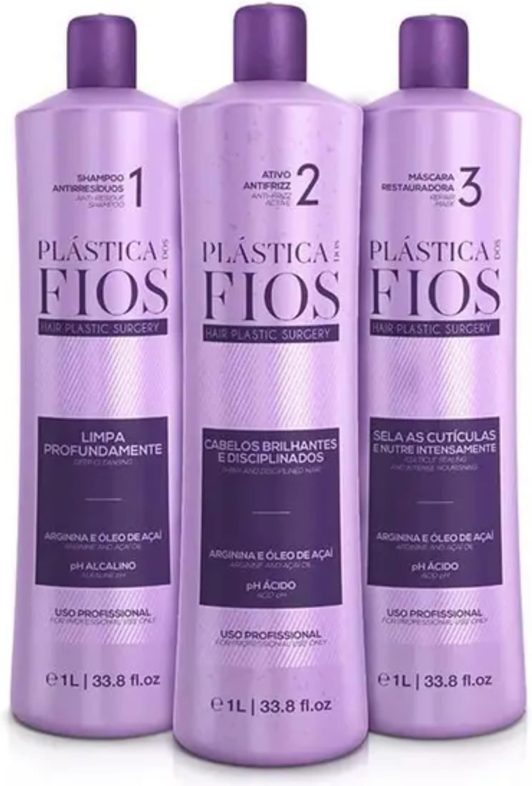 Plastica Dos Fios Selagem Termica Kit (3x1000ml) - Brazilian Keratin Hair Botox - Brush - Relaxer - Unisex - Keratin-based - Curly, Coily, Wavy, Dry, Damaged Hair
