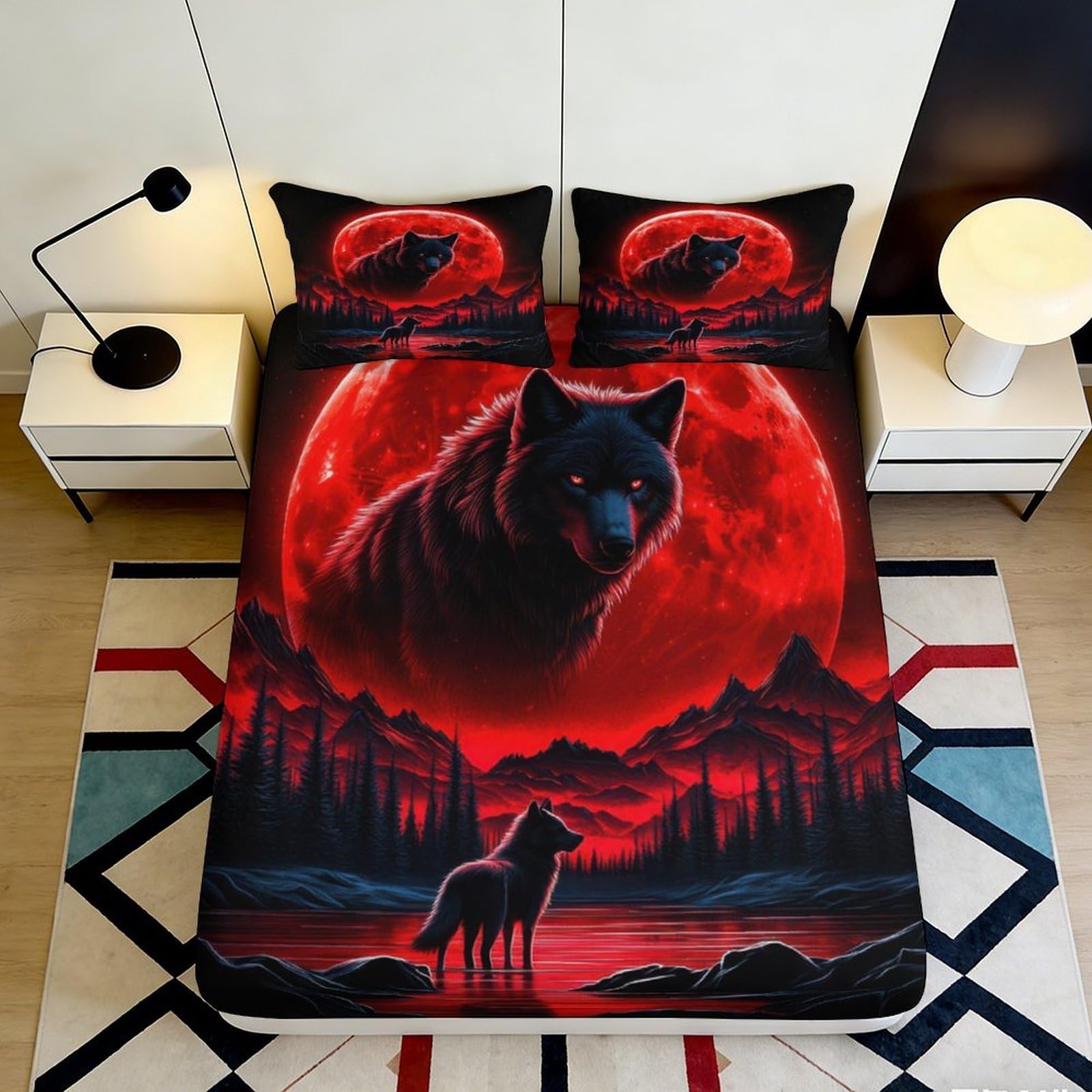 3D Printed Red Moon Wolf Fitted Sheet Microfiber Soft Slip-Resistant Mattress Cover for Bedroom Dorm Decor 160x200x25cm