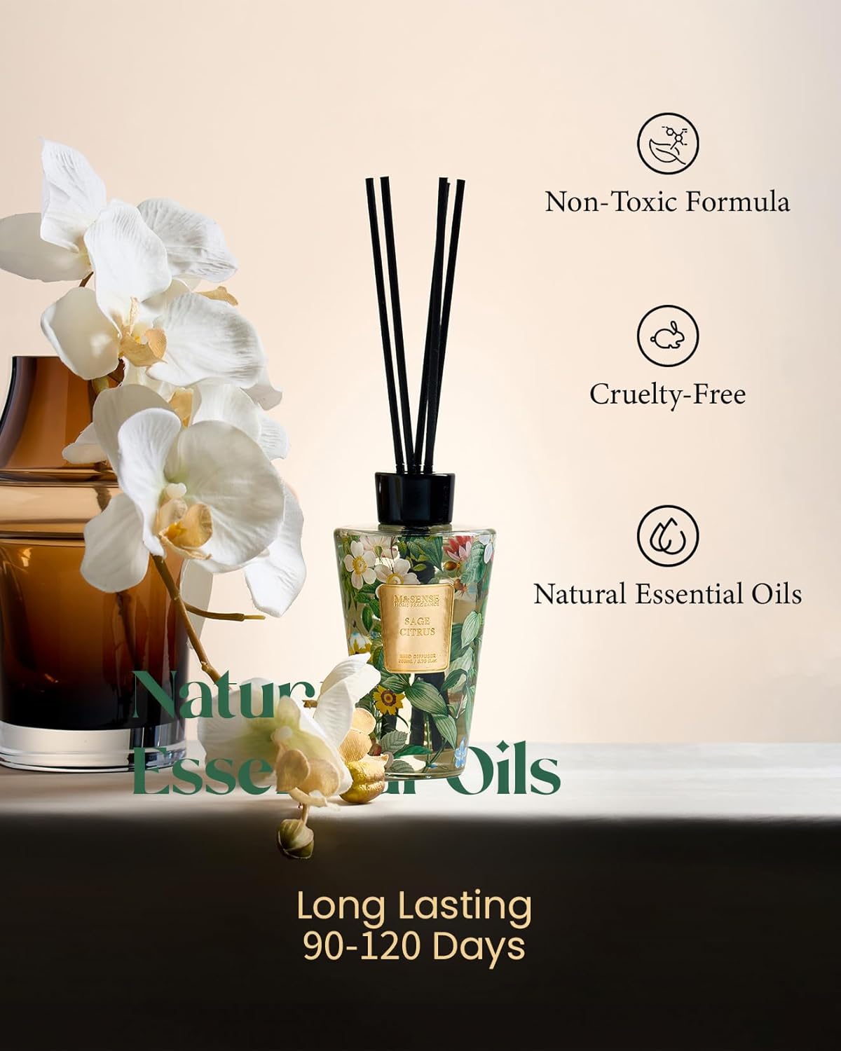 M&SENSE Sage Citrus Reed Diffuser Set - 8.79fl oz Home Fragrance Non-Toxic Essential Oil Diffuser with Sticks, Air Freshner Gifts with Long Lasting Fragrance - Image 3