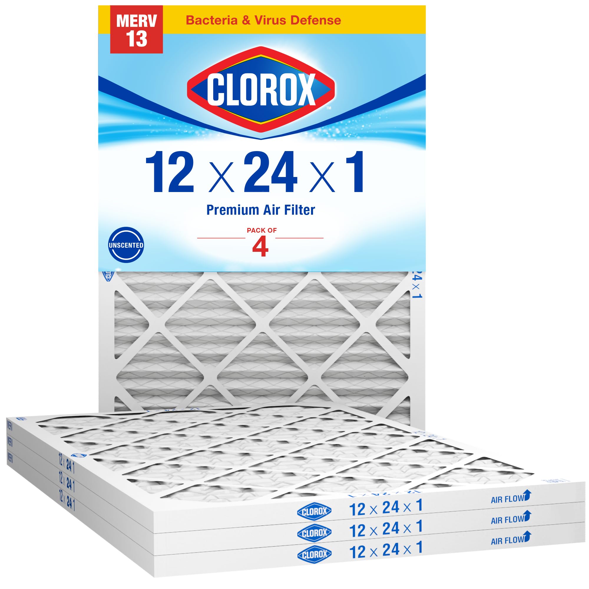 Clorox 12x24x1 Air Filter, MERV 13 Pleated HVAC AC Furnace Air Filters, MPR 1500 & FPR 10 – Pack of 4