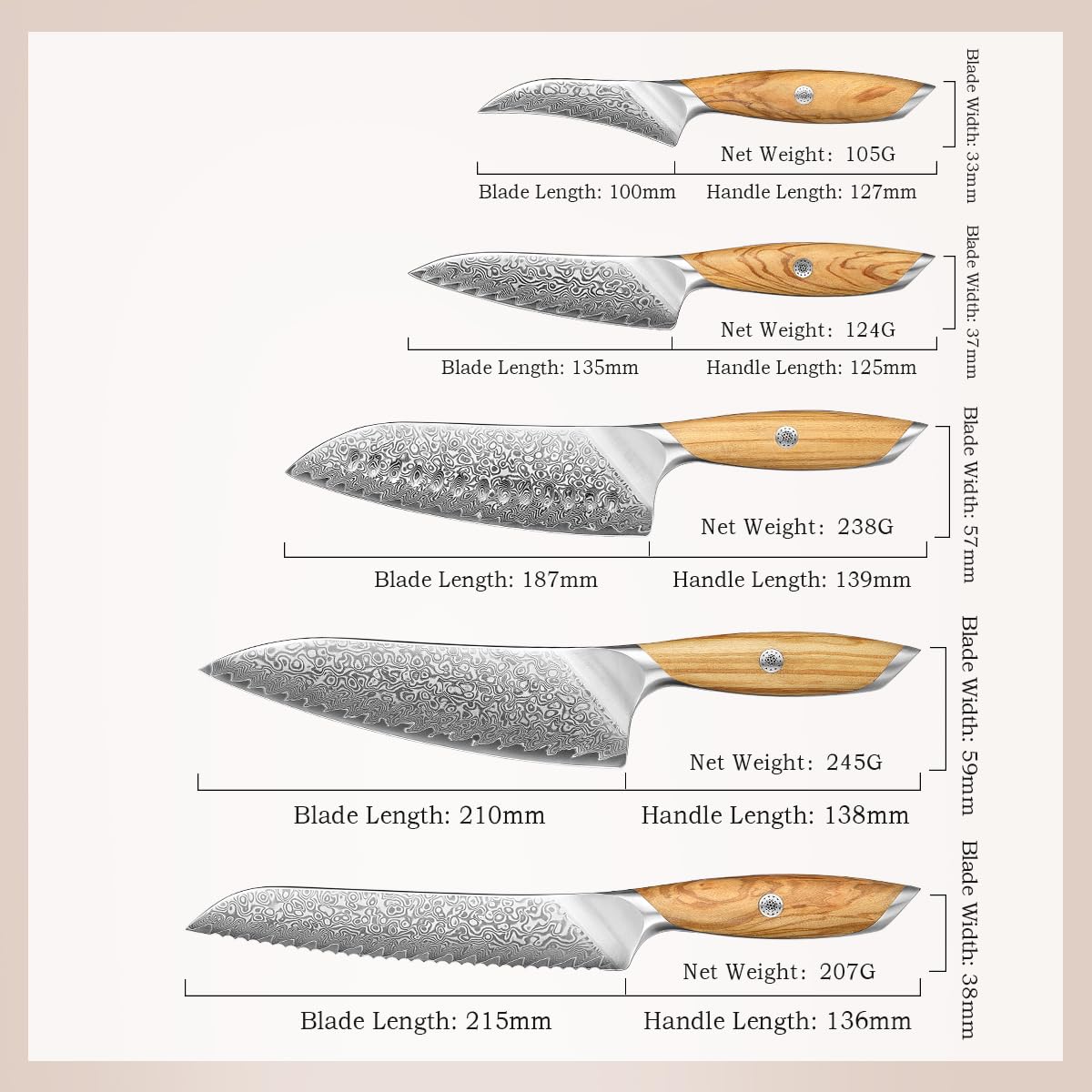 HEZHEN Zestaw noży kuchennych ze stali damasceńskiej 5 sztuk, profesjonalny zestaw noży szefa kuchni ze stali damasceńskiej, nóż Santoku, ergonomiczna rękojeść z drewna oliwnego