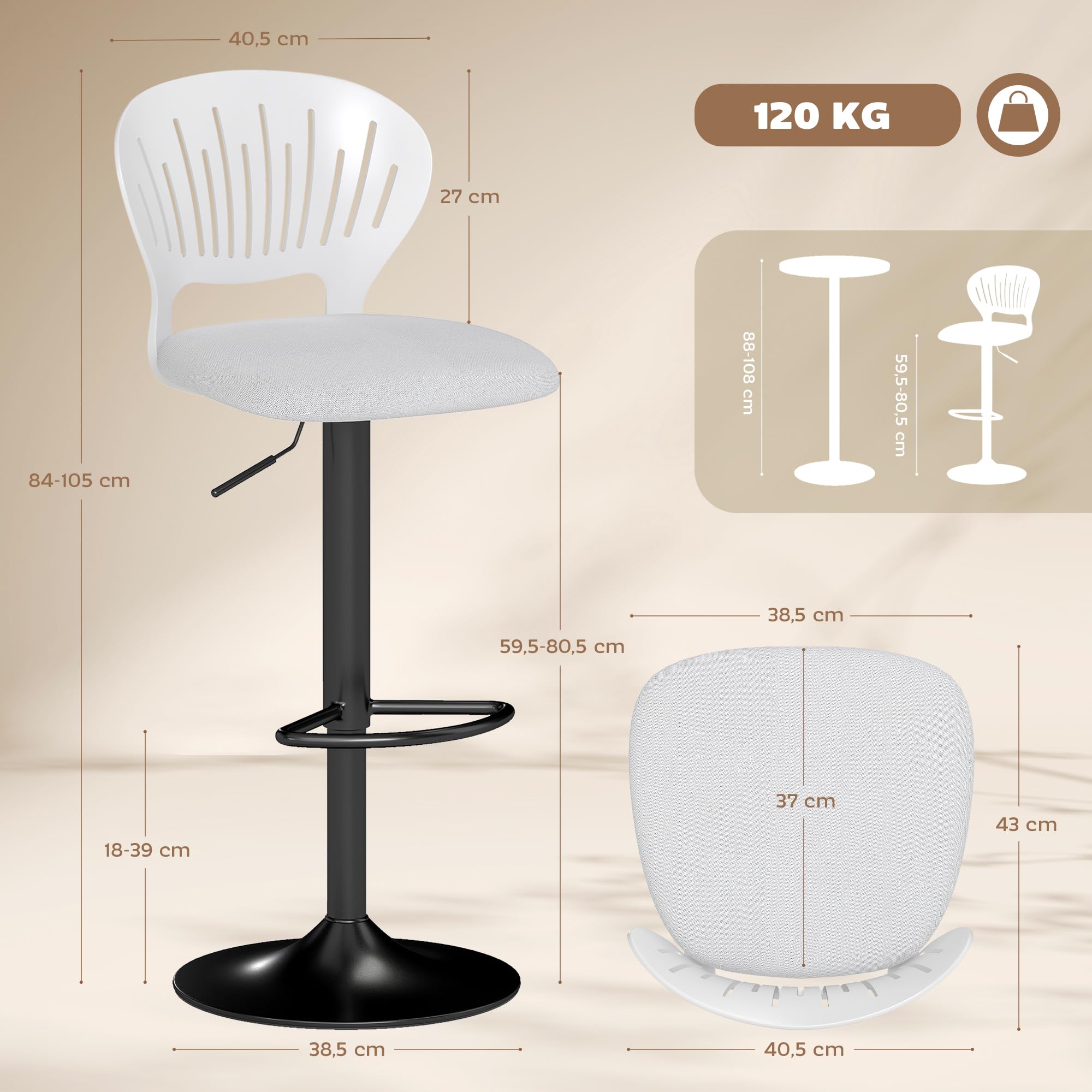 HOMCOM Juego de 2 Taburetes Altos de Cocina Giratorios en 360°, Taburetes de Bar Regulables en Altura de 84-105 cm, Respaldo Hueco, Reposapiés, para Comedor, Mostrador, Blanco