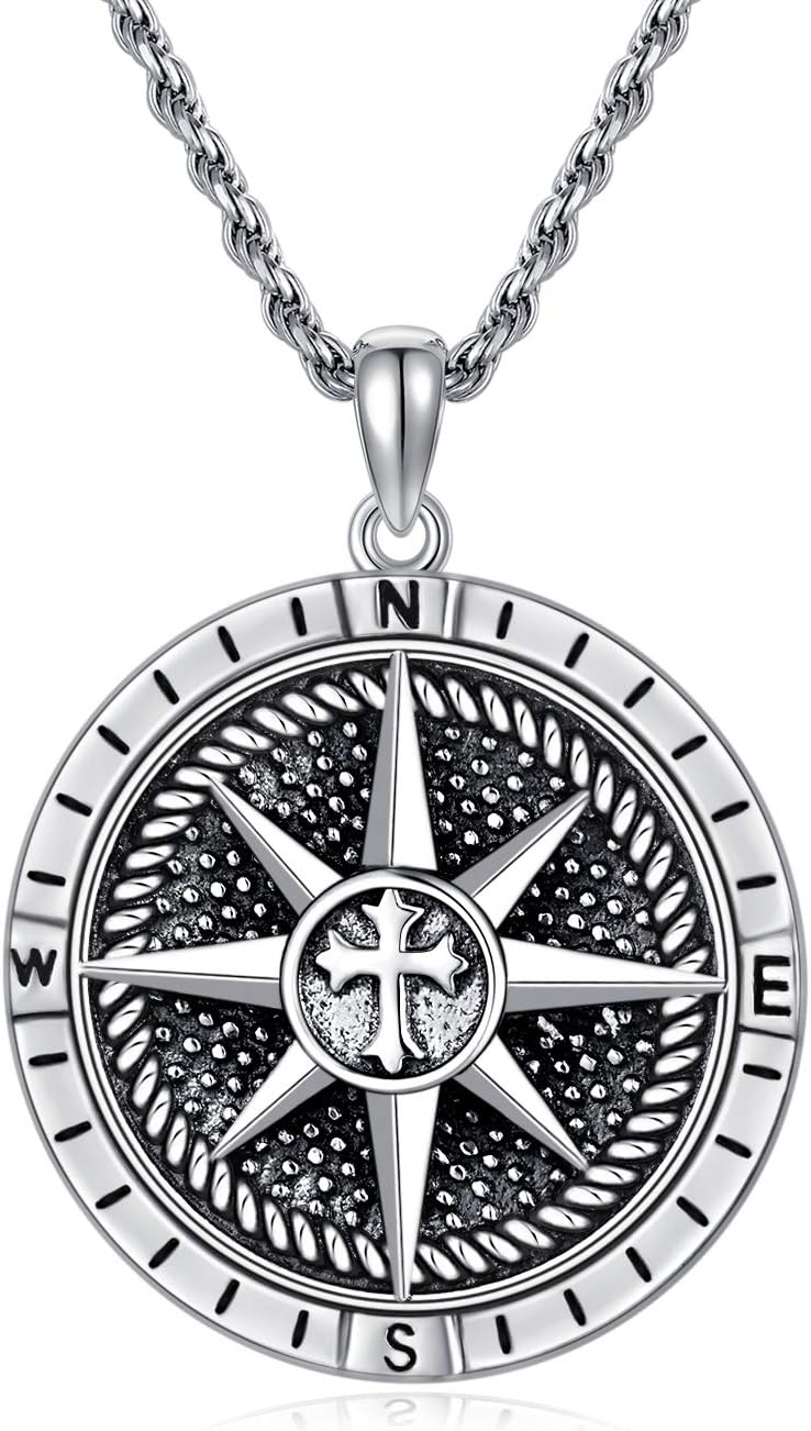 Compass Necklace for Men Sterling Silver Men's Compass Necklace