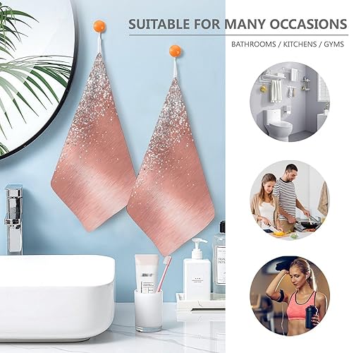 Miniatura 8 de Toallas de baño de mano de metal cepillado dorado rosa con purpurina plateada, toalla de mano de microfibra suave y absorbente para baño y cocina,