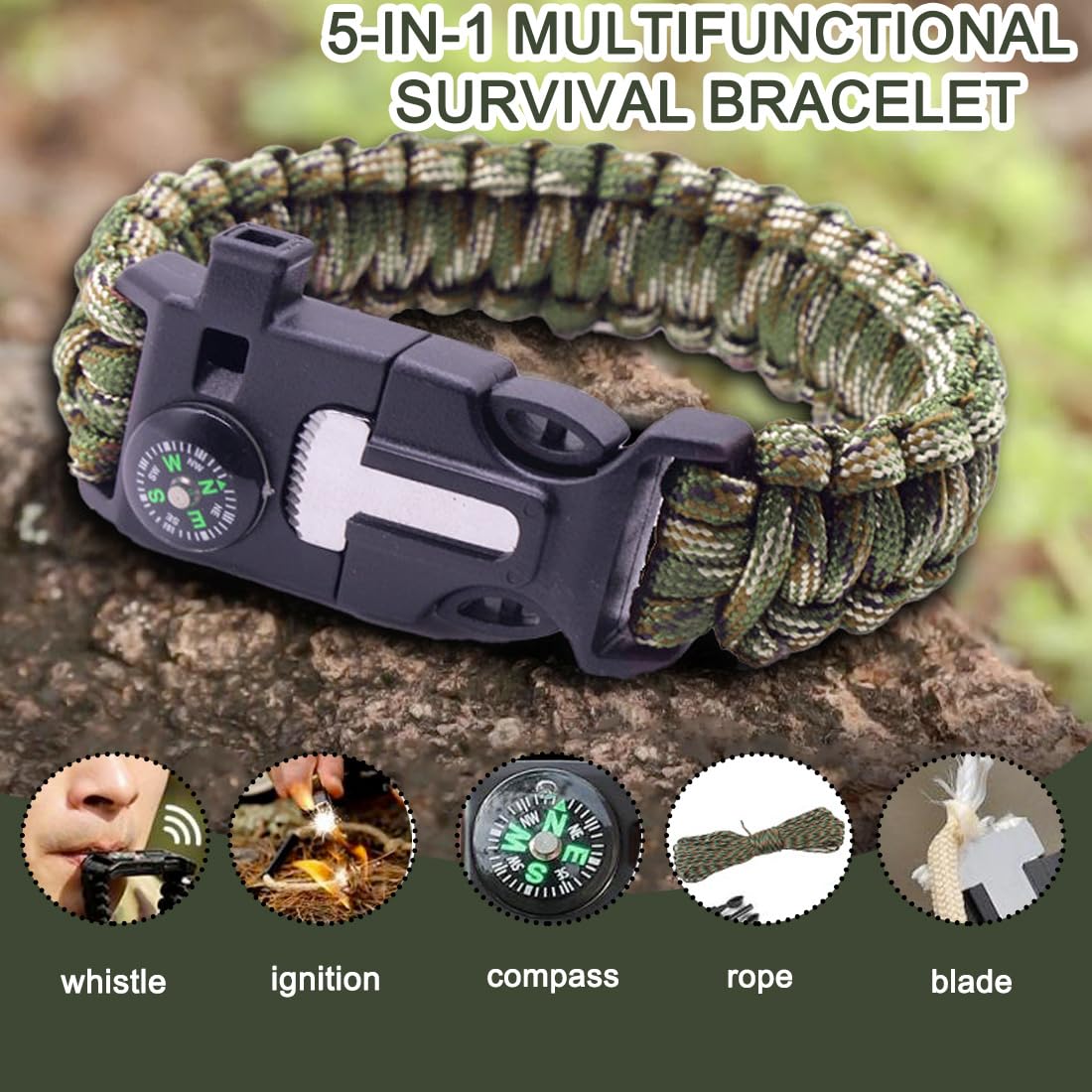 JYNVOCinturón de cuerda de supervivencia de 5 piezas, pulsera multifuncional 5 en 1 con pedernal, brújula, cuerda de paracaídas, silbato, cuchilla, línea de vida de 7 núcleos