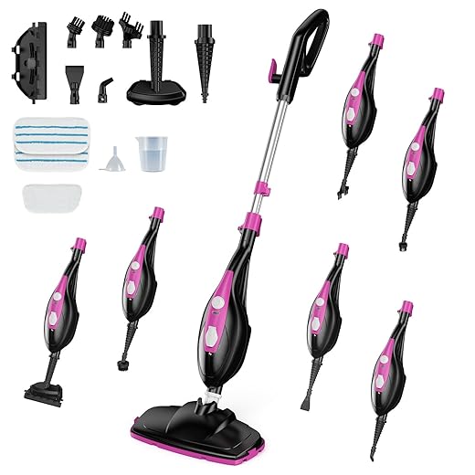 OLIXIS 10-in-1 Steam Mop, 1550W Detachable Handheld Steam Cleaner for Floor Cleaning, 16FT Cord, 2 Washable Pads, Multi-Purpose Floor Steamer for Hardwood, Carpet, Tile, Grout, Windows, Black Pink