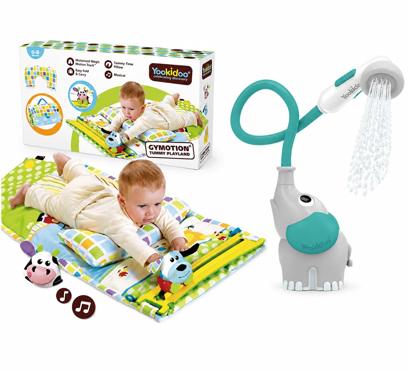 Yookidoo Bauchlage Spielmatte mit Musik & Elefanten Duschkopf Bundle – Activity Gym, Tummy Time Spieldecke & Badewannen Duschkopf für Neugeborene