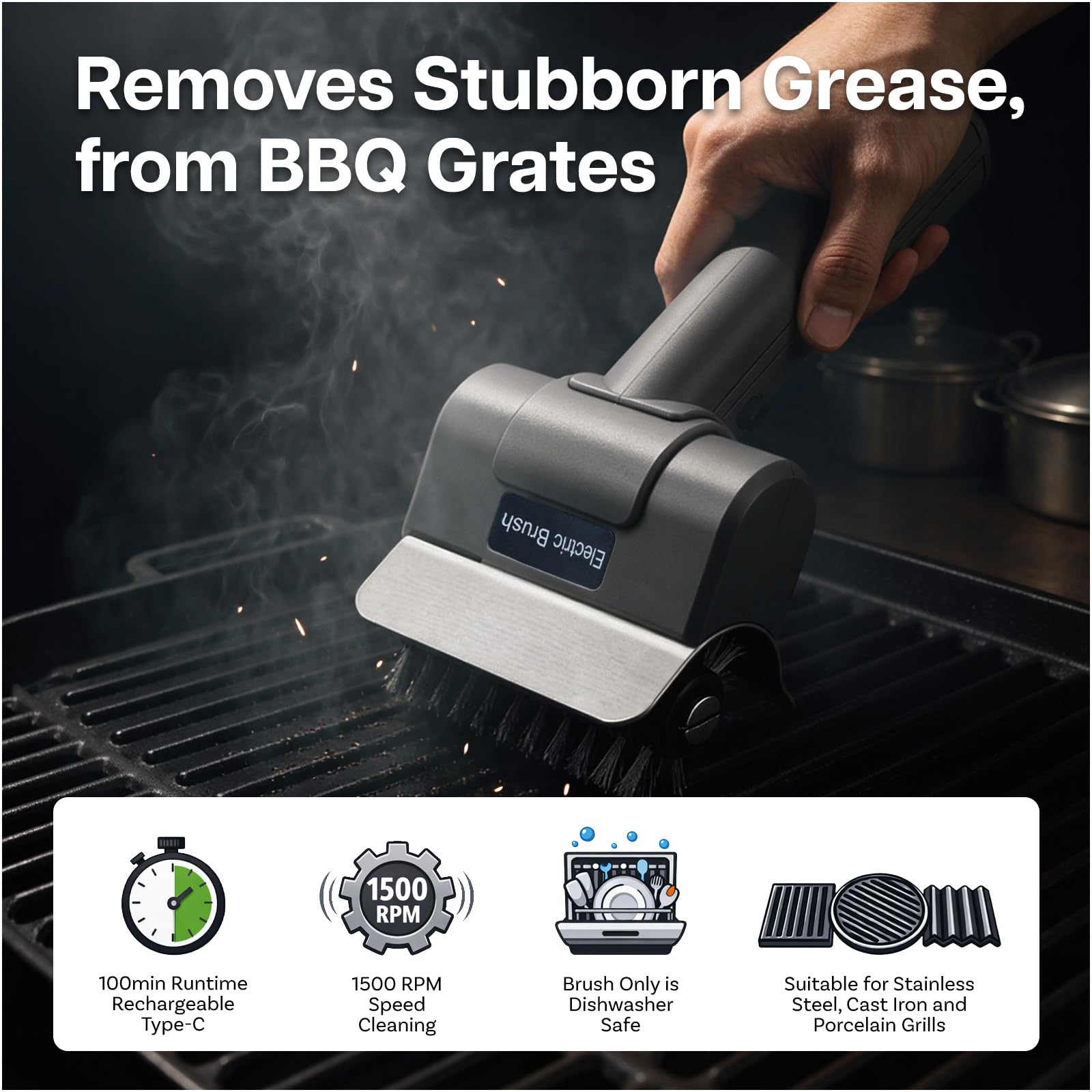 Spazzola Elettrica per Barbecue di MMOBIEL – Pulitore BBQ Senza Fili con 100 Minuti di Autonomia, Motore ad Alta Coppia, Velocità Rotazione 1500 RPM, Manico Ergonomico, Cavo USB di Ricarica & Guanti