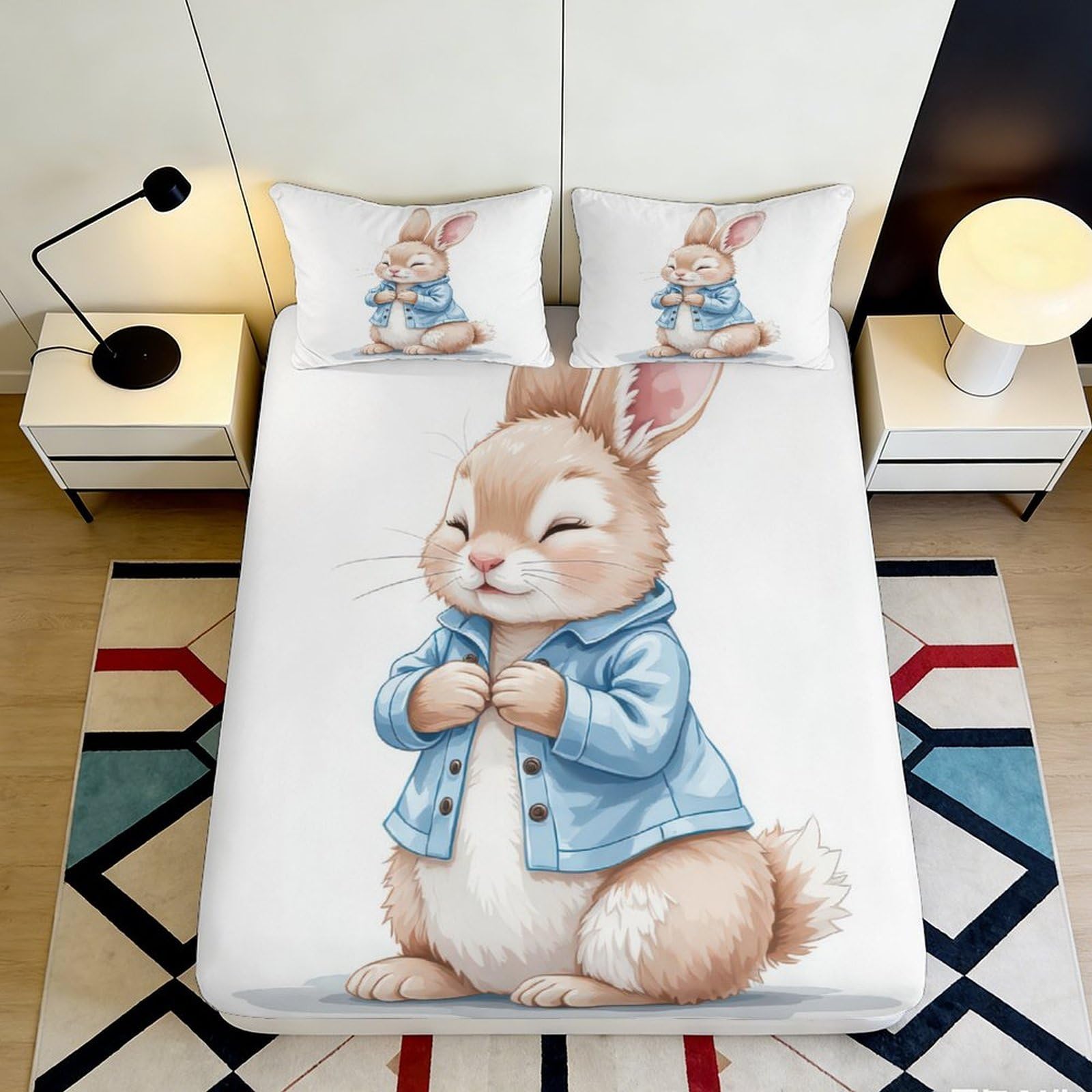 3D Printed Cute Bunny Fitted Sheet Microfiber Deep Pocket Non-Slip Bedroom Bedding Cartoon Rabbit Mattress Fitted Cover Wrap Washable for Adults Teens 180x200x25cm