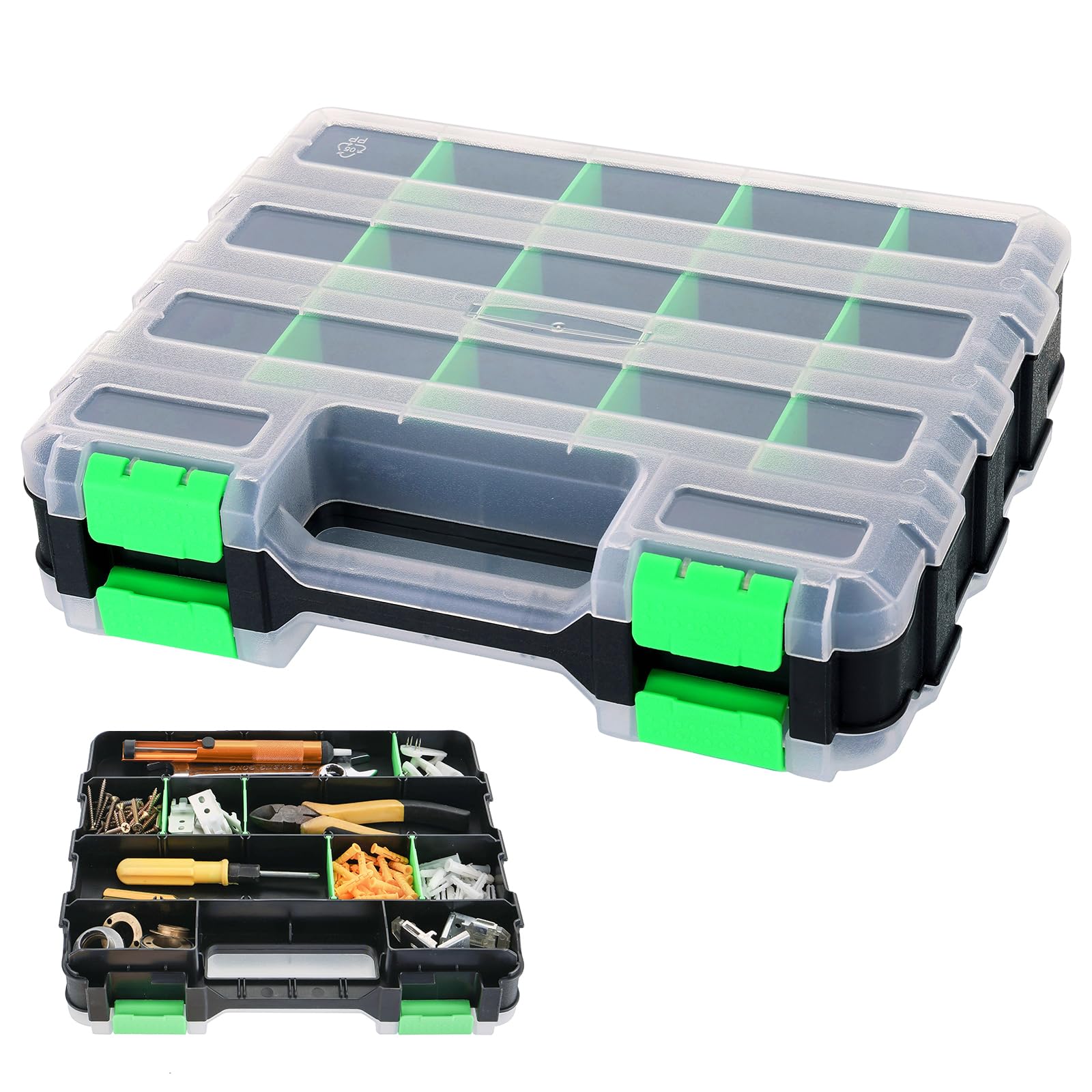 DASBET Double-Sided Tool Organizer 34-Compartment Storage Box Customizable Removable Dividers Tool Box with Transparent Lid DIY Hardware Assortment Organizer for Screws, Nuts, Small Parts (Green)
