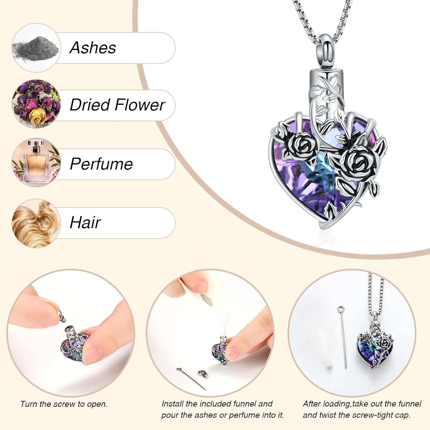 Rose Flower Cremation Urn Necklace for Ashes Heart Crystal Memorial Jewelry for Women Urn Keepsake Pendant Human Pet Memorial Locket Holder - Image 4