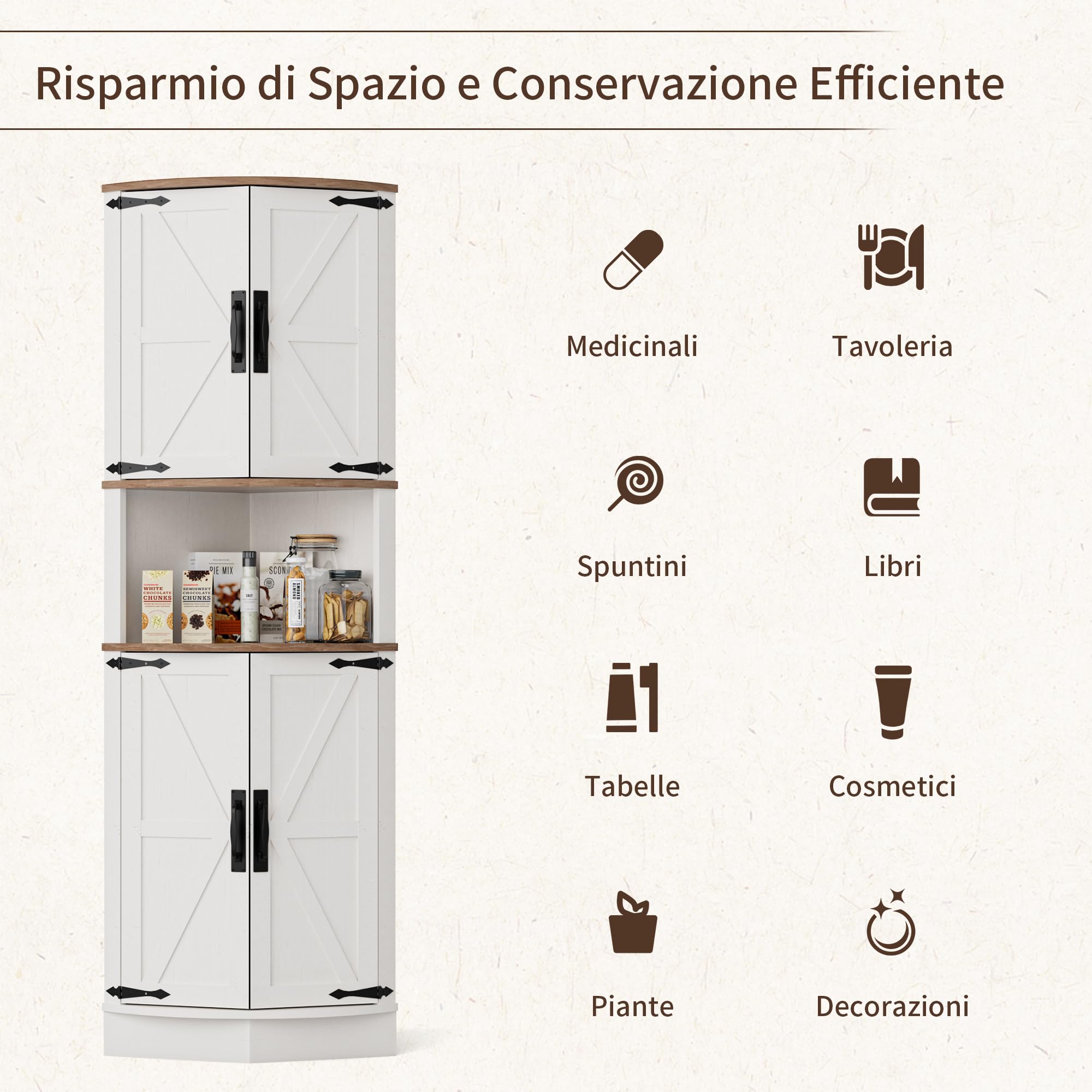 BonVache Angolare, Mobile Ante e Ripiano Regolabile, Mensola Angolare, per Cucina, Soggiorno, Sala da pranzo, Bianco, Bagno, Stile Farmhouse Moderno, Bianco
