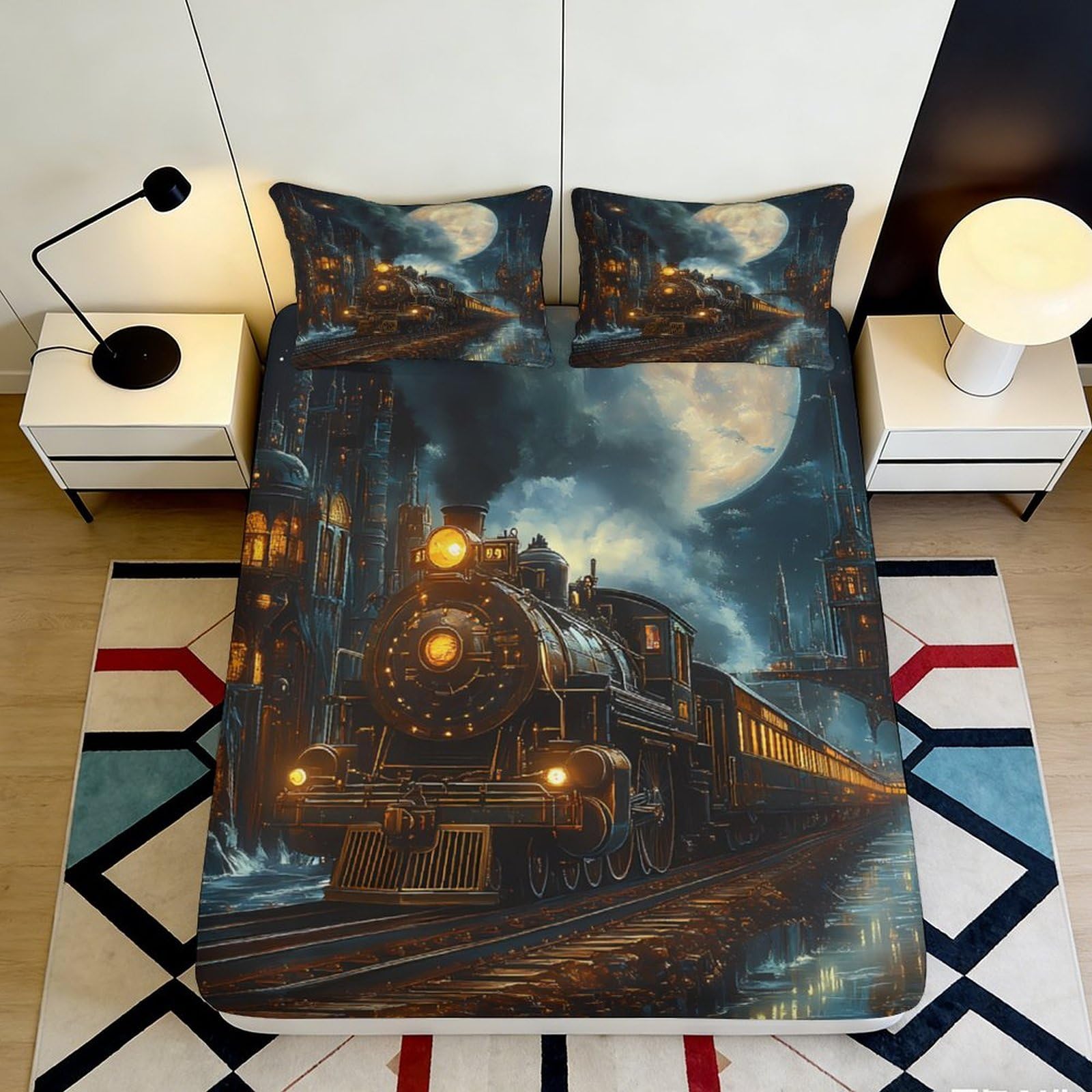 3D Printed Steam Train Fitted Sheet Microfiber Deep Pocket Non-Slip Elastic Hem Bedroom Train Mattress Fitted Cover Washable 200x200x25cm
