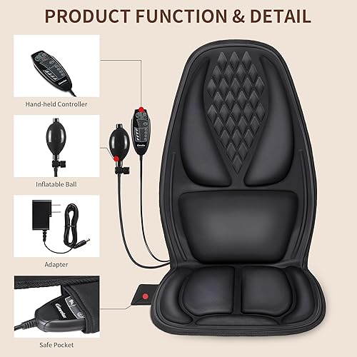 Miniatura 7 de comrelax Masajeador de espalda con calor, cojín de asiento de masaje con tracción lumbar 3D, 10 motores vibradores, almohadilla para silla de masaje