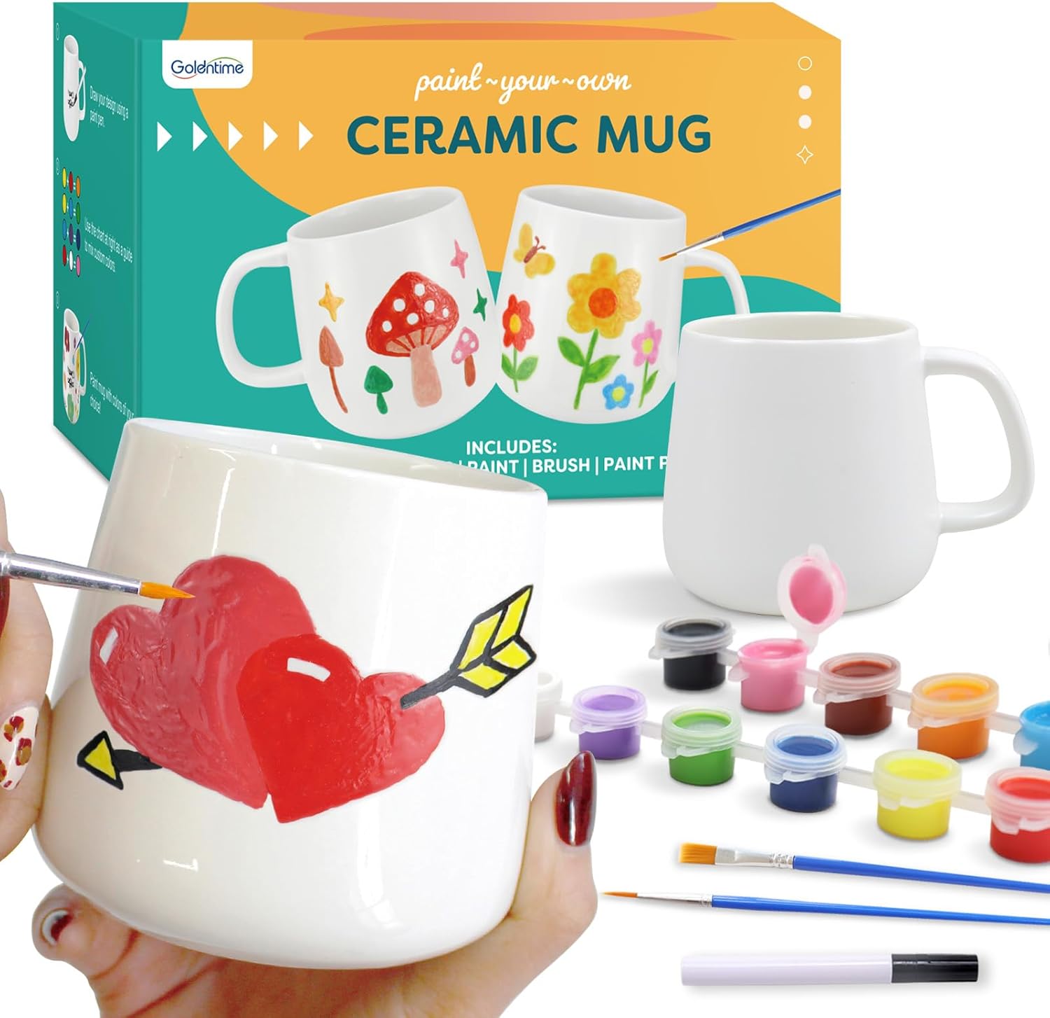 goldentime DIY Mug Painting Kit for Adults Kids with 2 Paintable Ceramic Mugs 12 Safe Paints, 2 Brushes & Ceramic Pen, Creative Crafts for Mother's Day, Father's Day & Valentine's Day Gifts - Image 7
