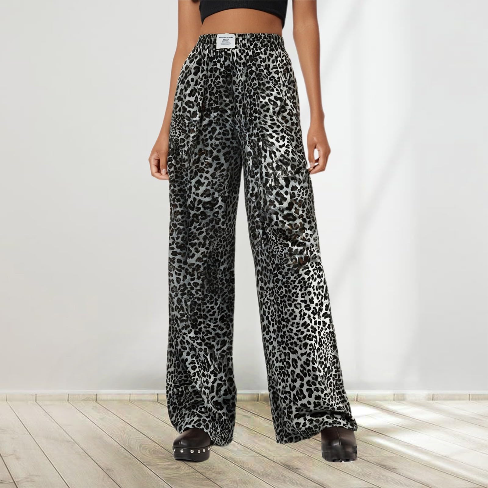 Pantalon Imprimé Léopard Femme Taille Haute Jambe Large Fluide