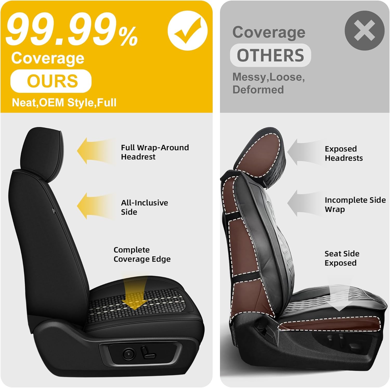 Chevy Chevrolet Silverado Seat Covers GMC Sierra 2007-2026 1500 2500HD 3500HD Trail Boss Z71 Crew Double Extended Cab Ice-Silk Leather Not Cold in Winter, Breathable(Front Set, Black)