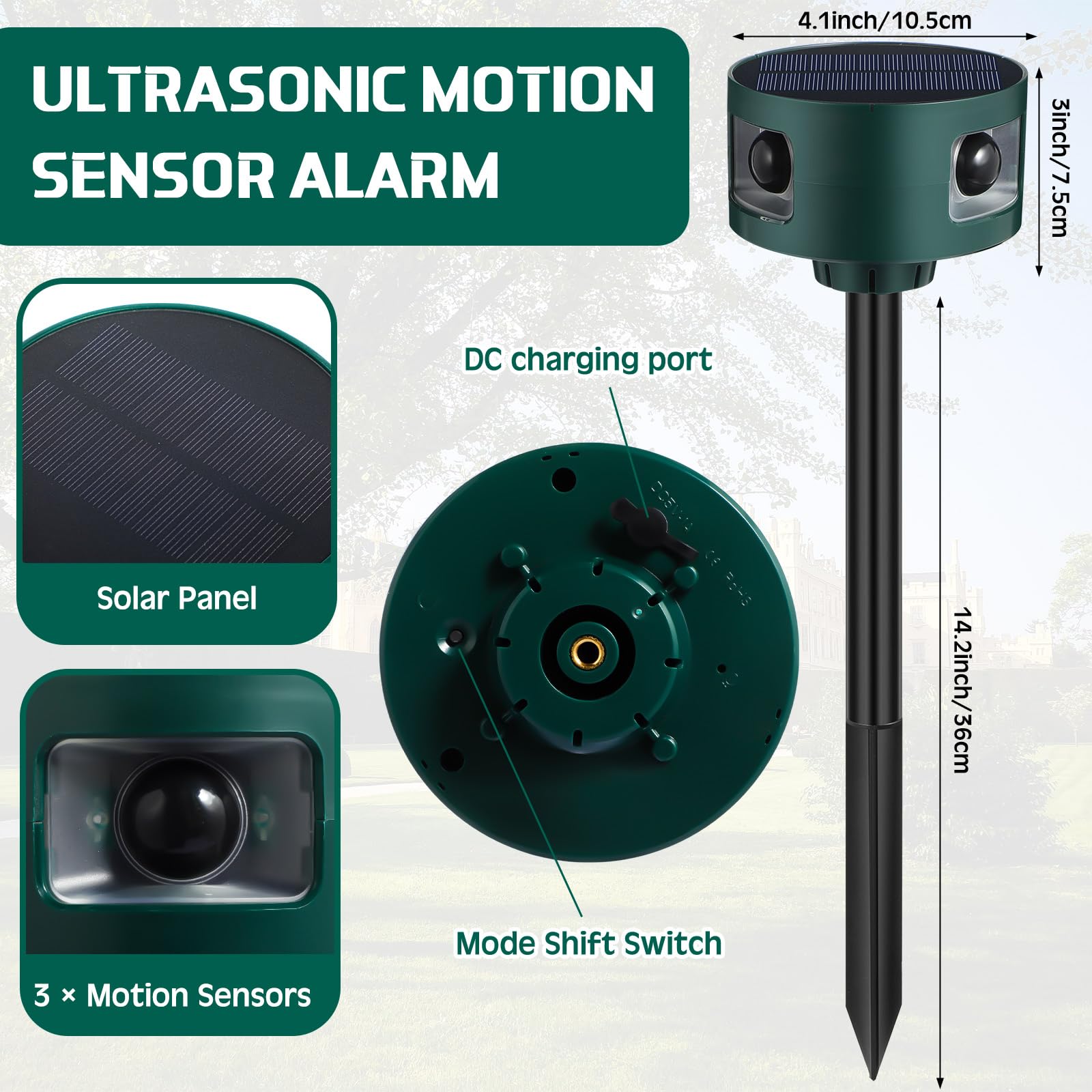 Qualirey Paquete de 2 sensores de movimiento solares para exteriores, sensor de movimiento, disuasorio de animales, sonido de disparo, alarma de ladridos de perro para seguridad del hogar (verde,