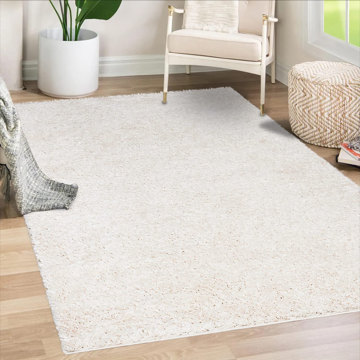 payé Teppich Wohnzimmer Hochflor Shaggy - 160x230cm - Creme Einfarbig Uni Flauschig Modern Boho Deko Teppiche Weich Schlafzimmer