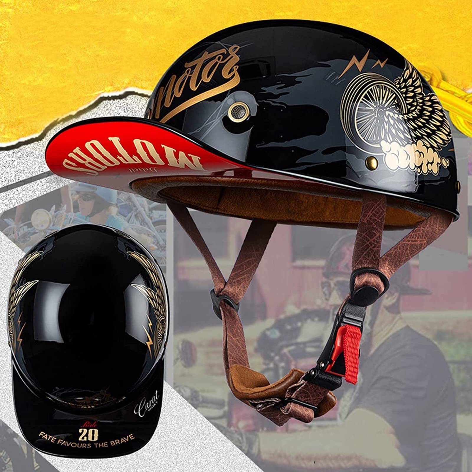 Casque Casquette Moto Casque Moto Demi-Coque Qihuyi - Style Rétro Avec Visière (Norme DOT/ECE) Casque Allemand