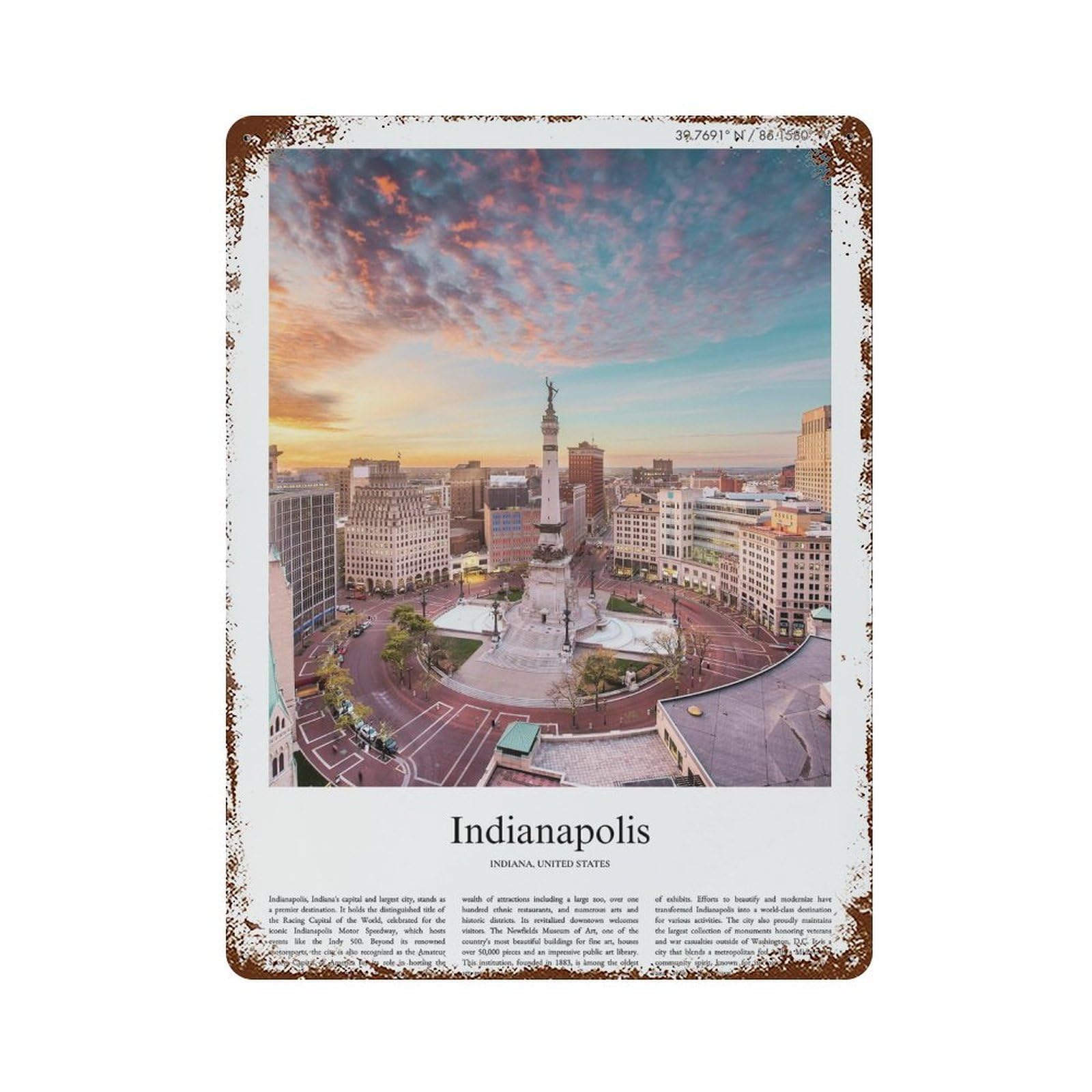 xiaoxiaoshen Indianapolis Indiana, United States, USA City Scenery Wall Decor Art Metal Tin Poster Modern Home Decor Art Home Bar Shop Decorations Vintage Sign 40x30cm